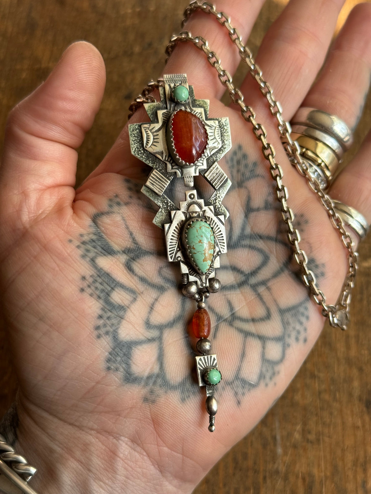 Vintage Sterling Silver Carnelian & Turquoise Stamped Totem necklace