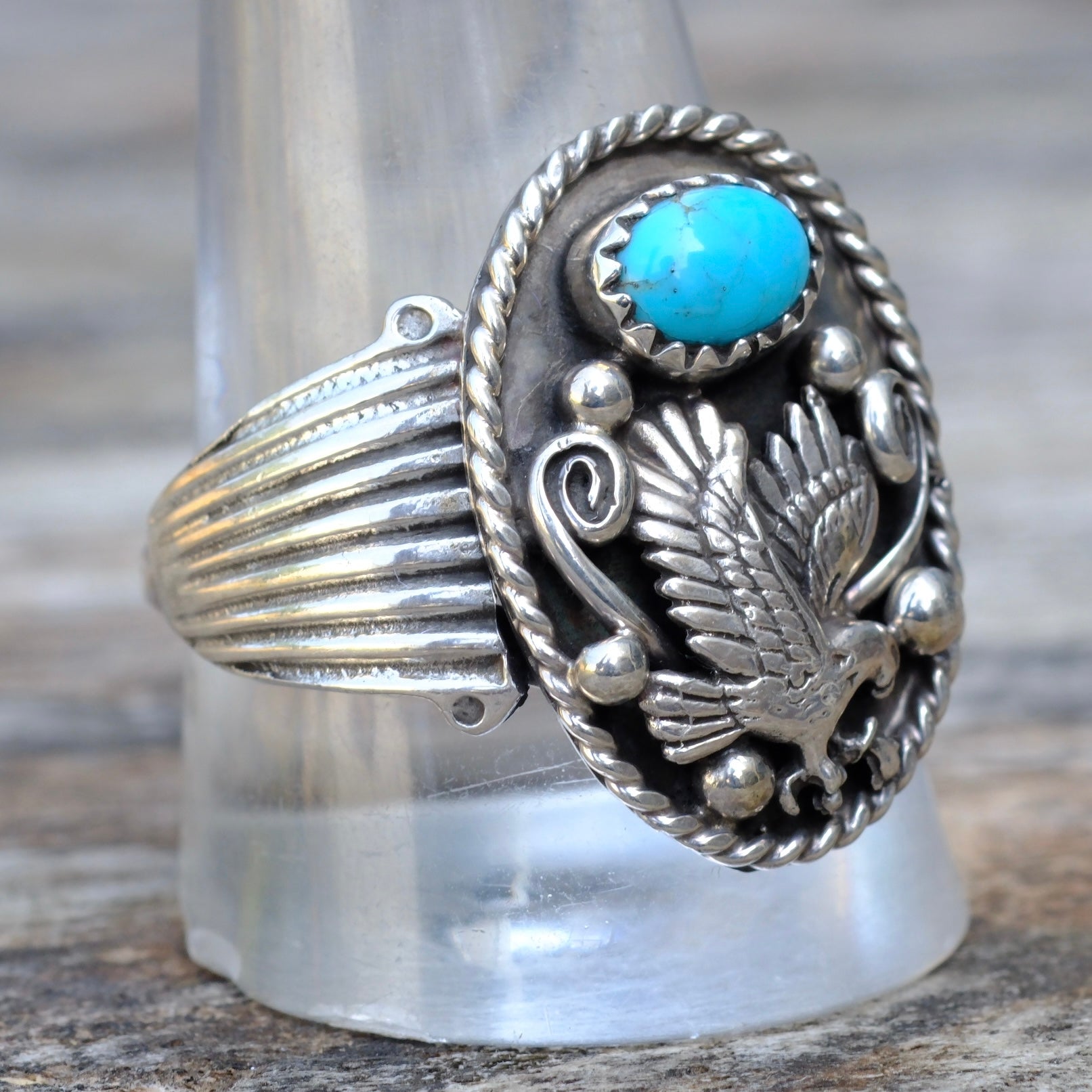 Vintage Sterling Turquoise Eagle Ring 12.5