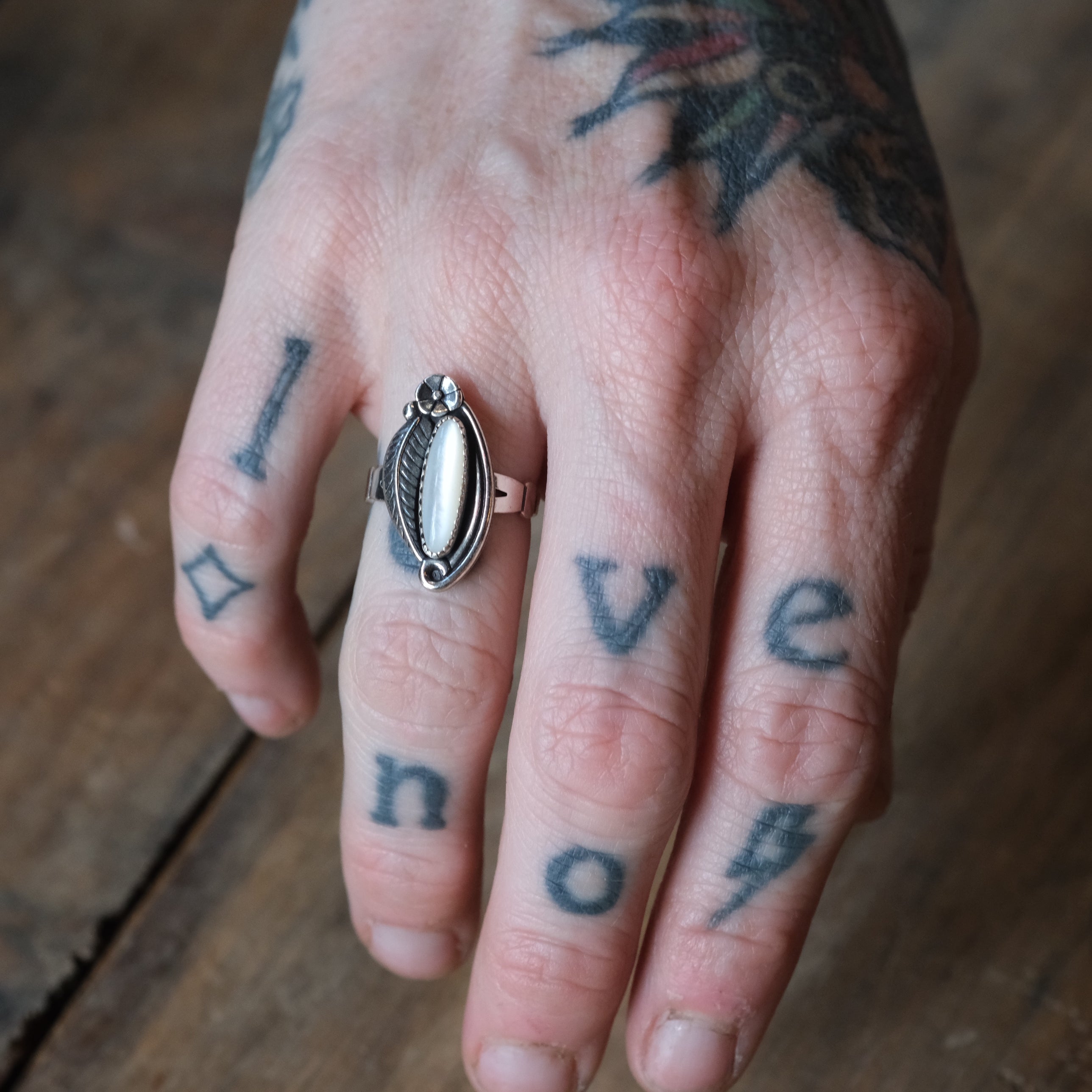 Vintage Sterling Mother Of Pearl Feather Ring 5.75