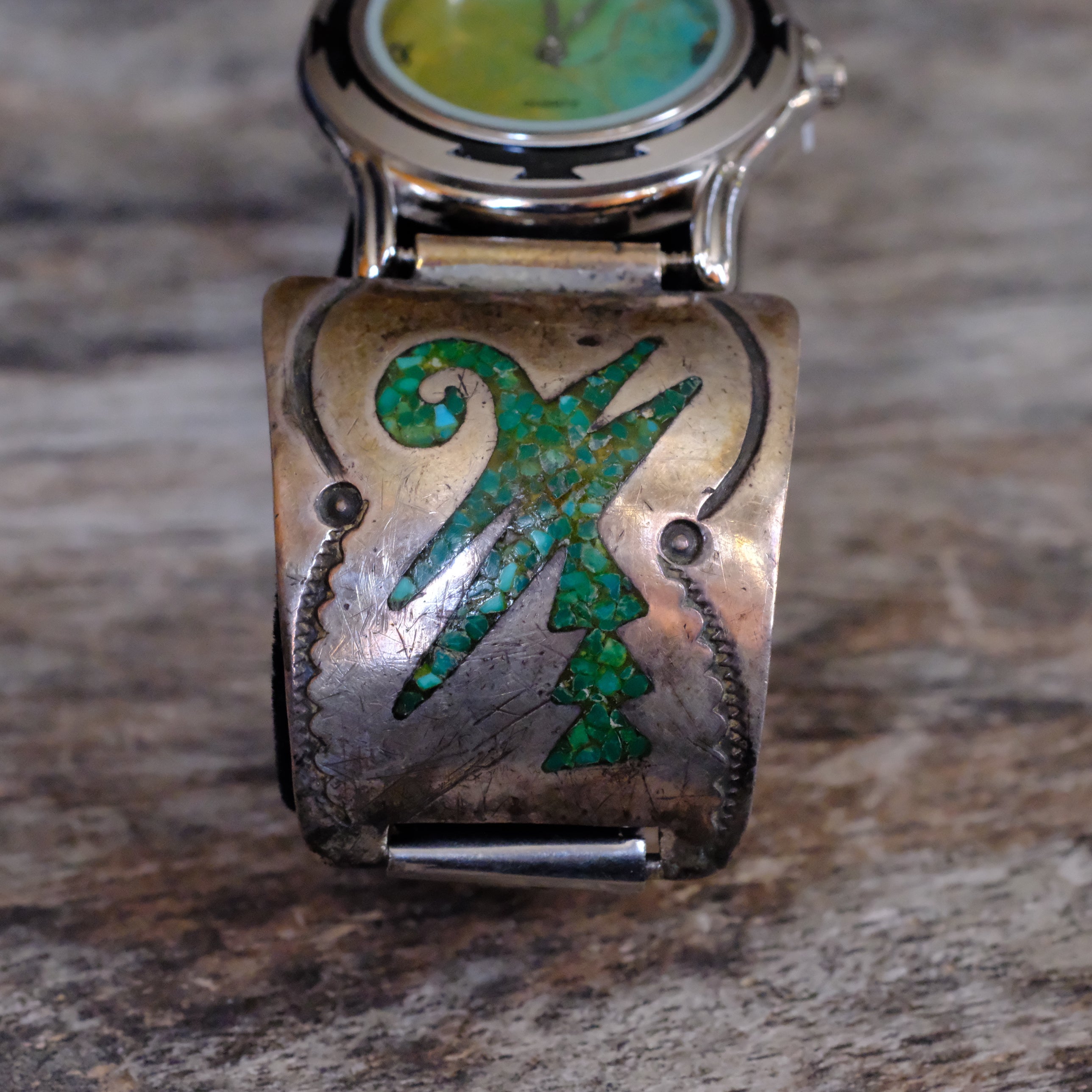Vintage Sterling Crushed Turquoise Inlay Watch With Turquoise Dial