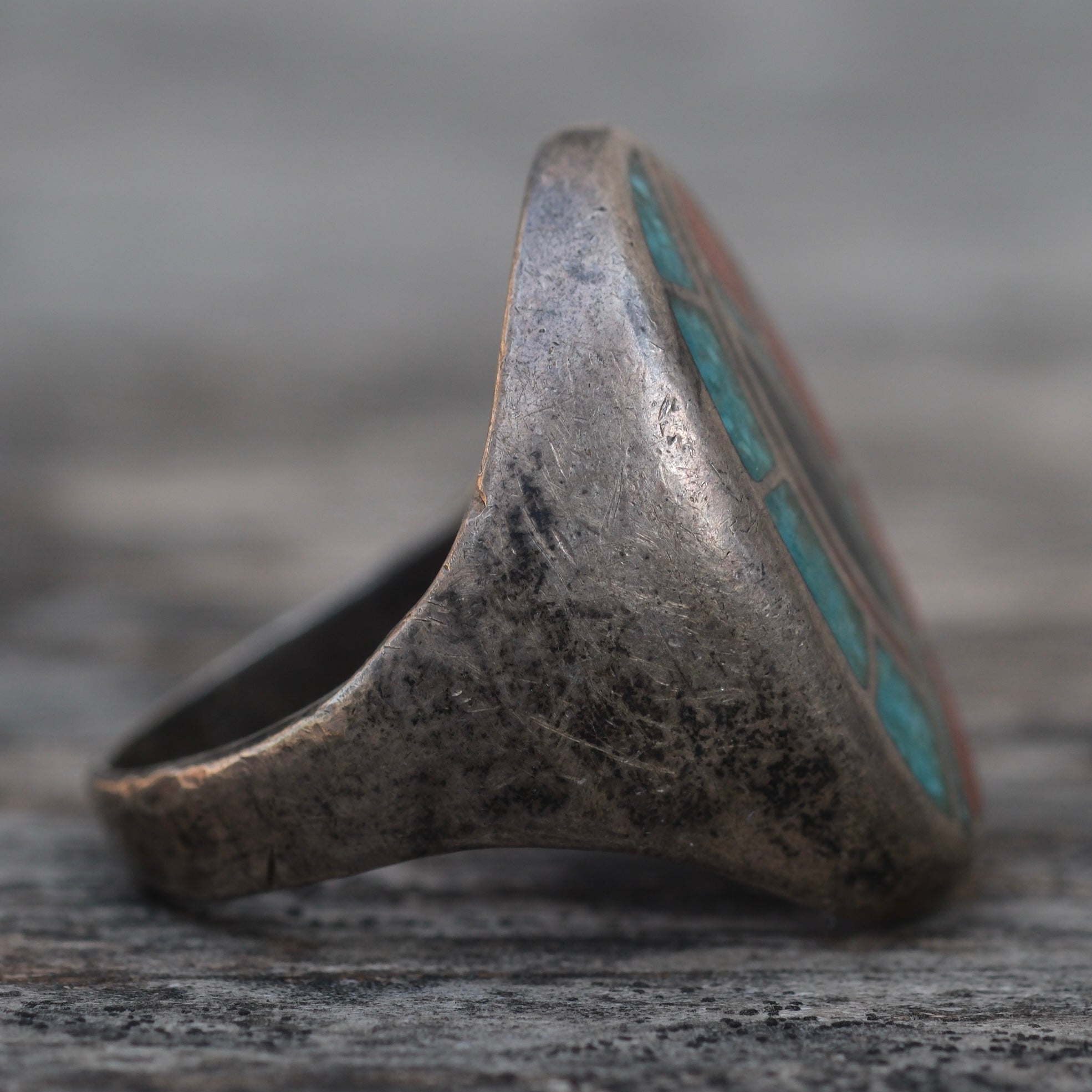 Vintage Sterling Turquoise and Coral Inlay Hummingbird Ring 11.5