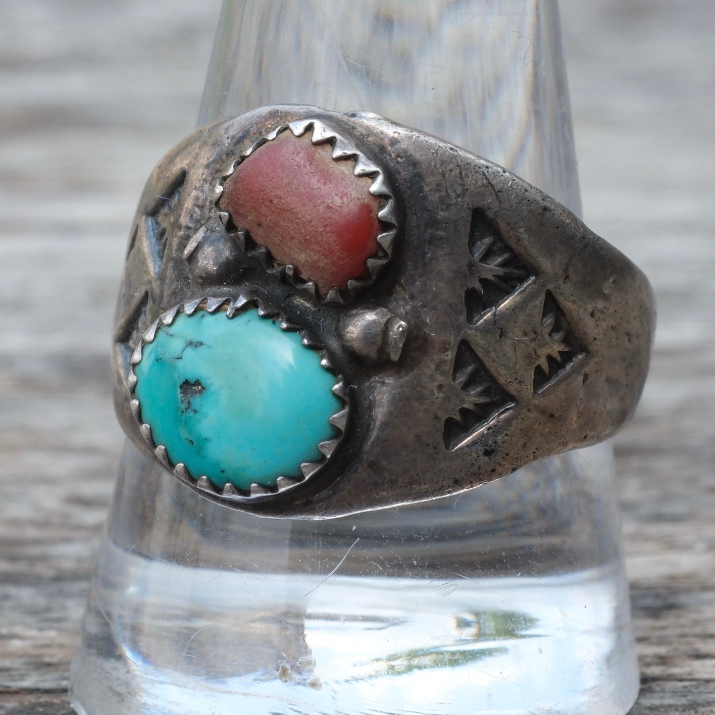 Vintage Sterling Turquoise and Coral Ring 11.5