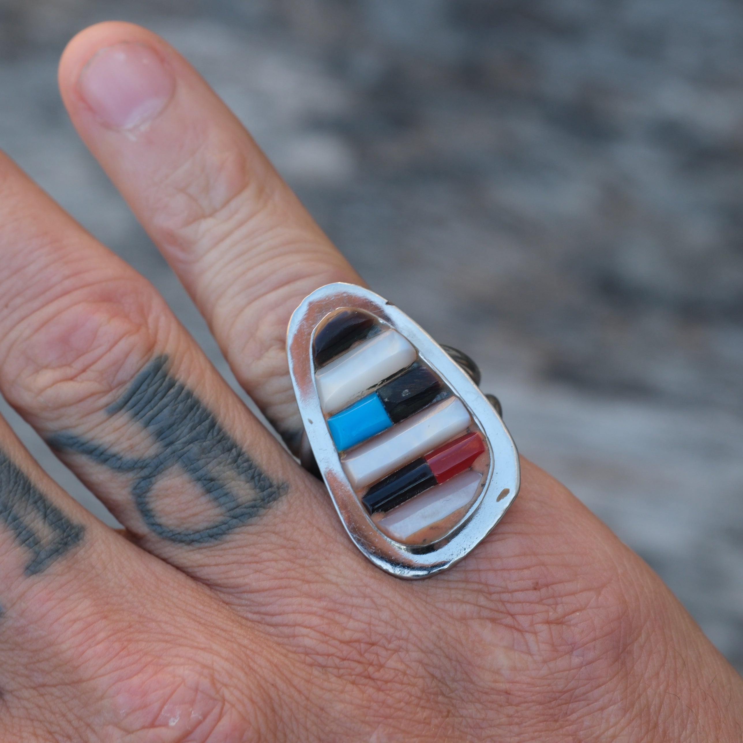 Vintage Sterling Multistone Inlay Row Ring 5.75