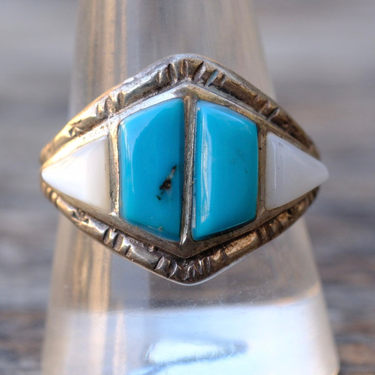 Vintage Sterling Turquoise and Mother Of Pearl Ring 10.5