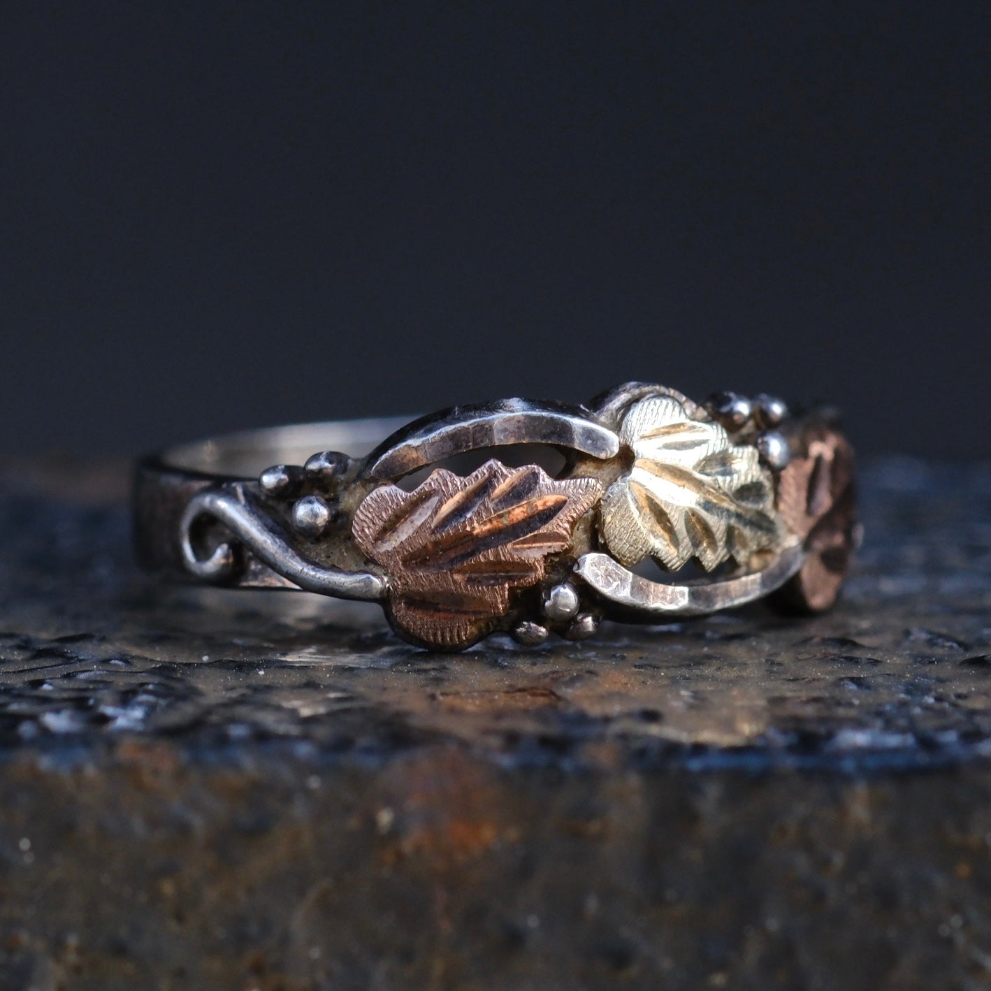 Vintage Sterling and Gold Leaf Band Ring 5.75