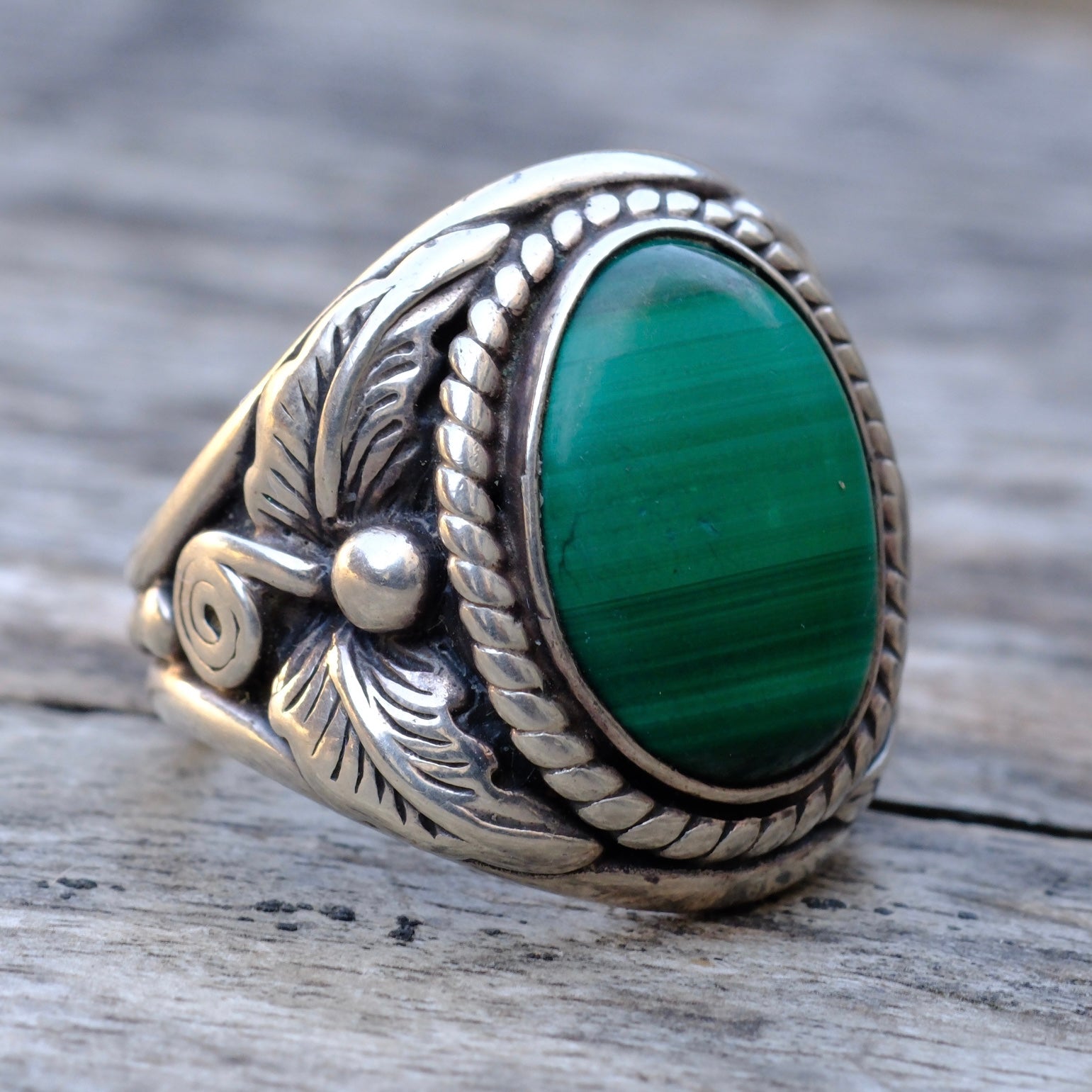 Vintage Sterling Malachite Feather Ring 9