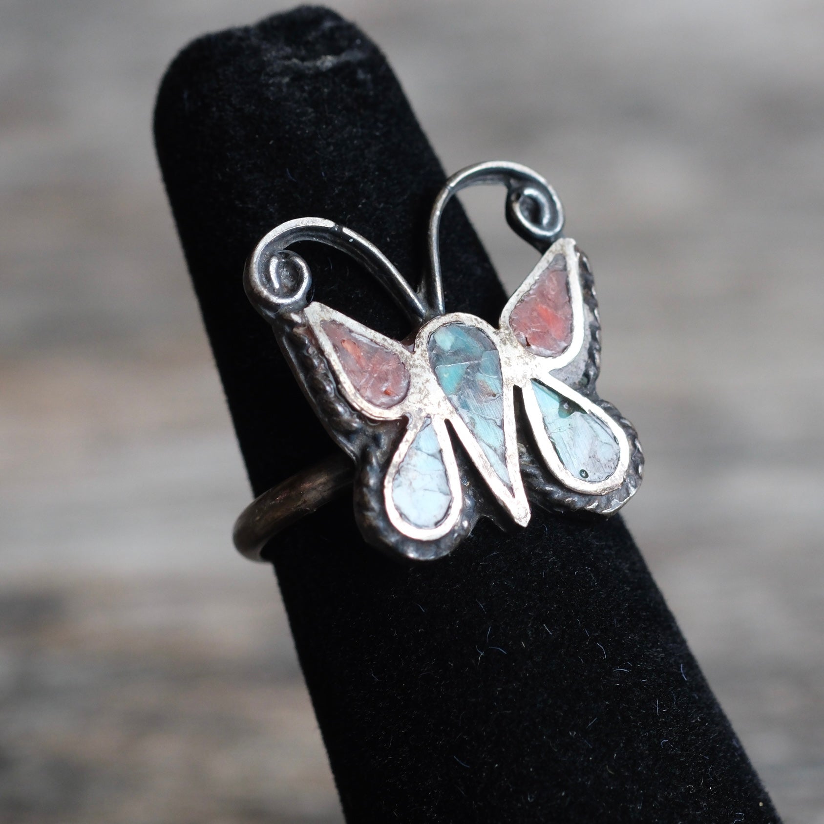 Vintage Sterling Turquoise and Coral Butterfly Ring 5