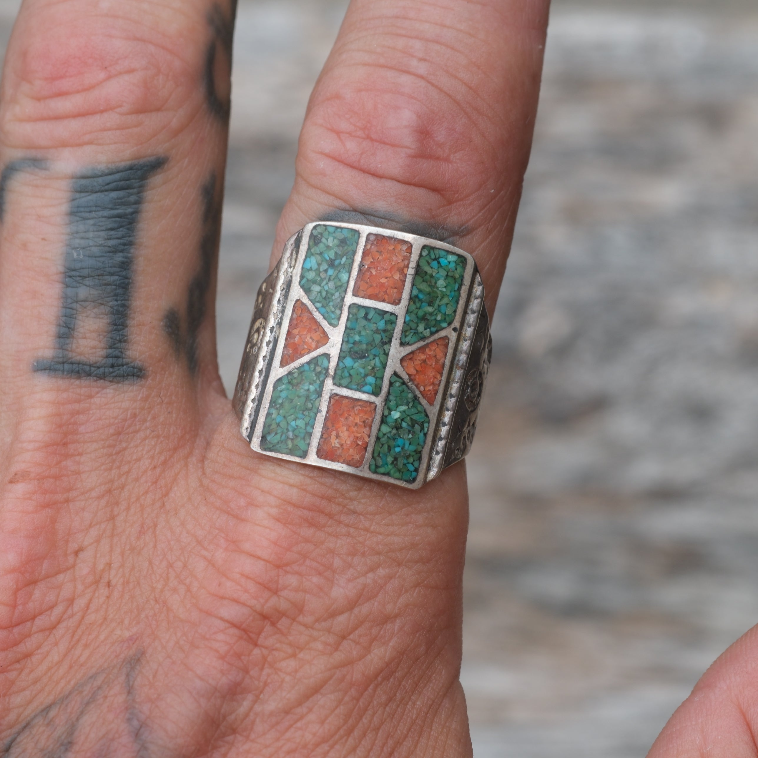 Vintage Sterling Turquoise and Coral Inlay Ring 10.75