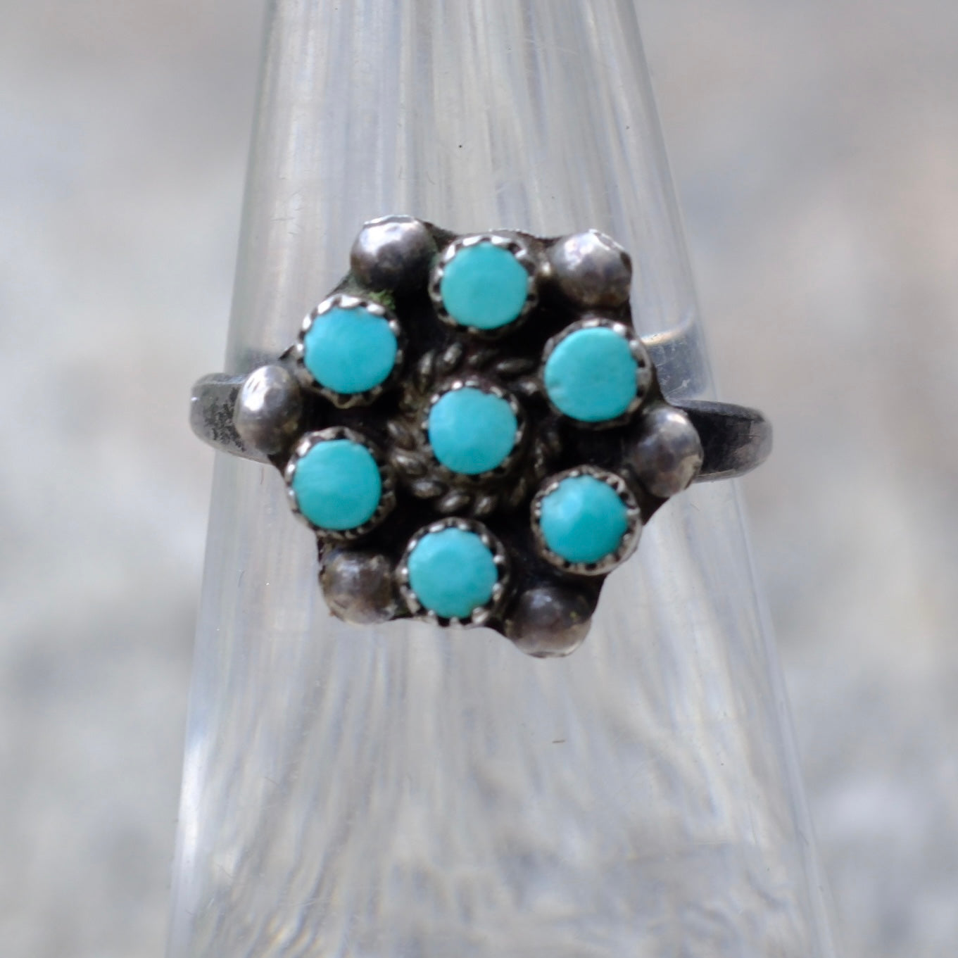 Vintage Sterling Silver Turquoise Petit Point Flower Ring 5.5