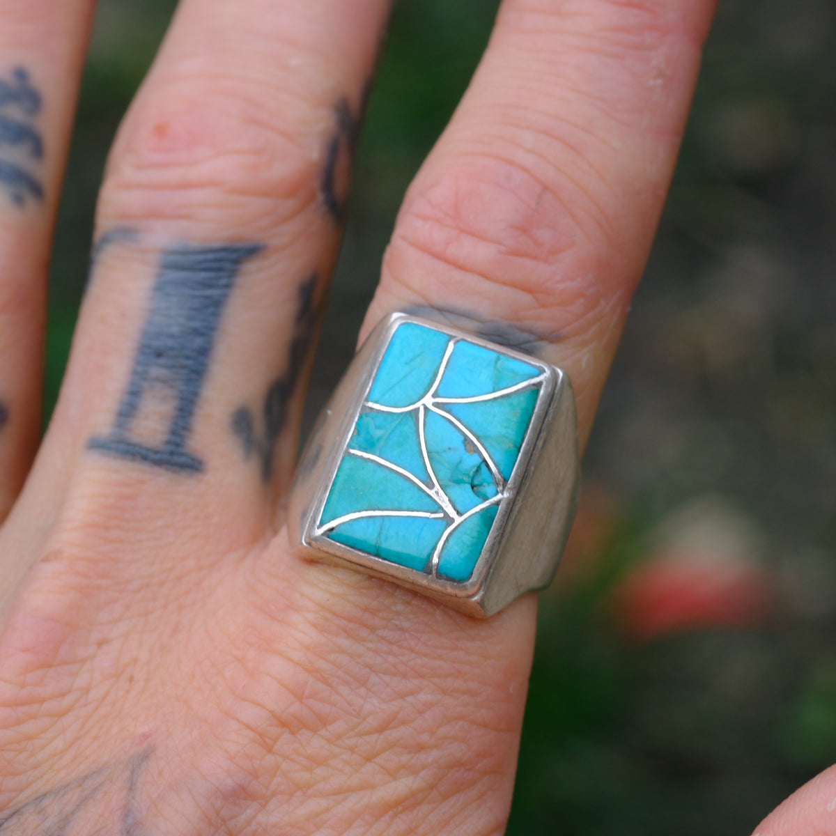 Vintage Sterling Turquoise Fish Scale Inlay Ring 12