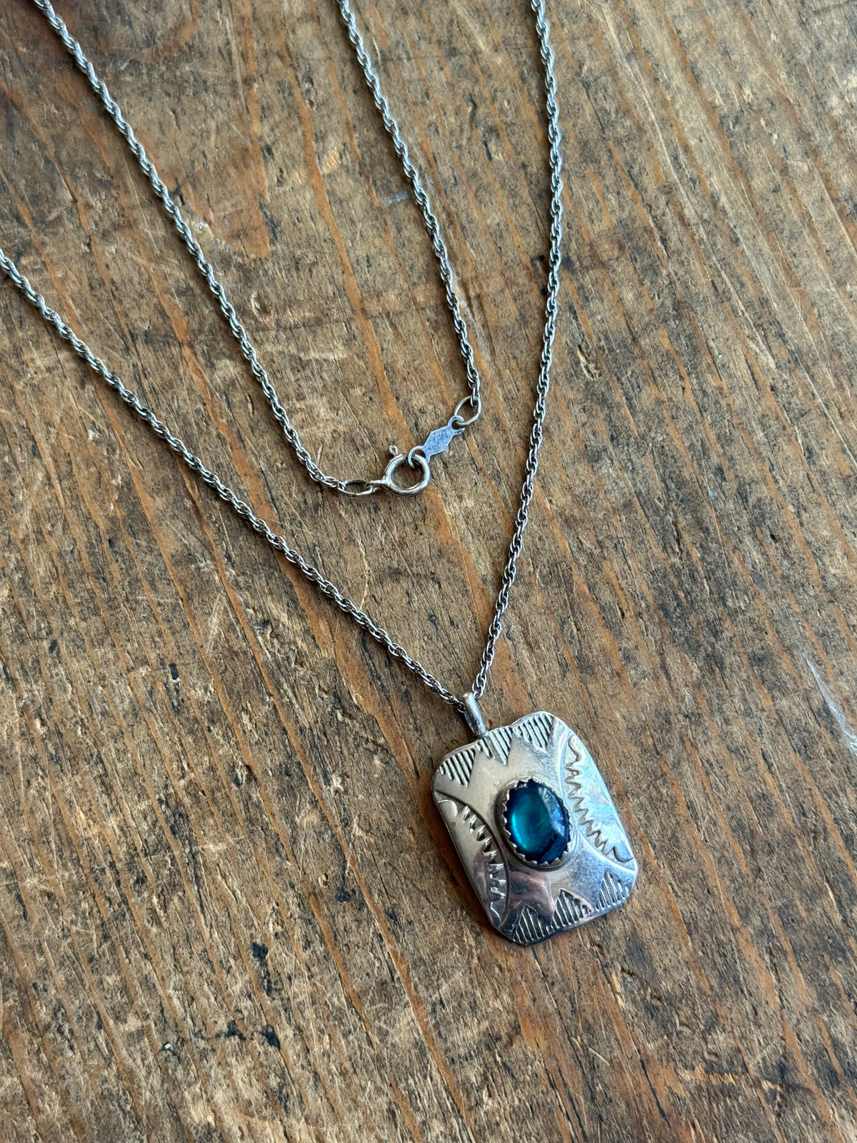 Vintage Sterling Silver Stamped Abalone Tag Necklace