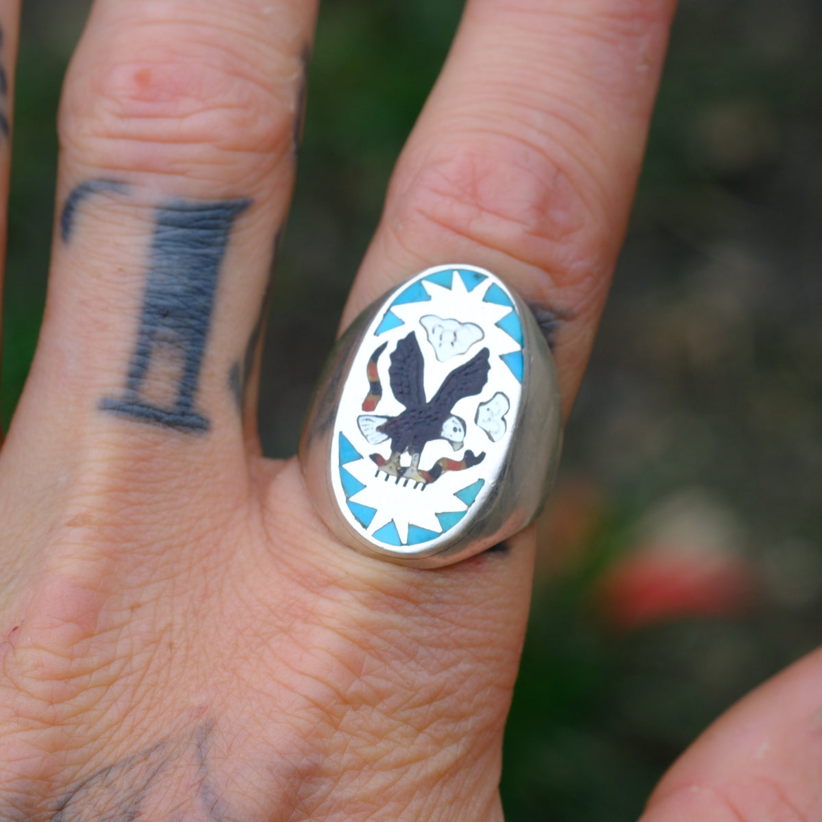 Vintage Sterling Multistone Inlay Eagle Ring 9.75