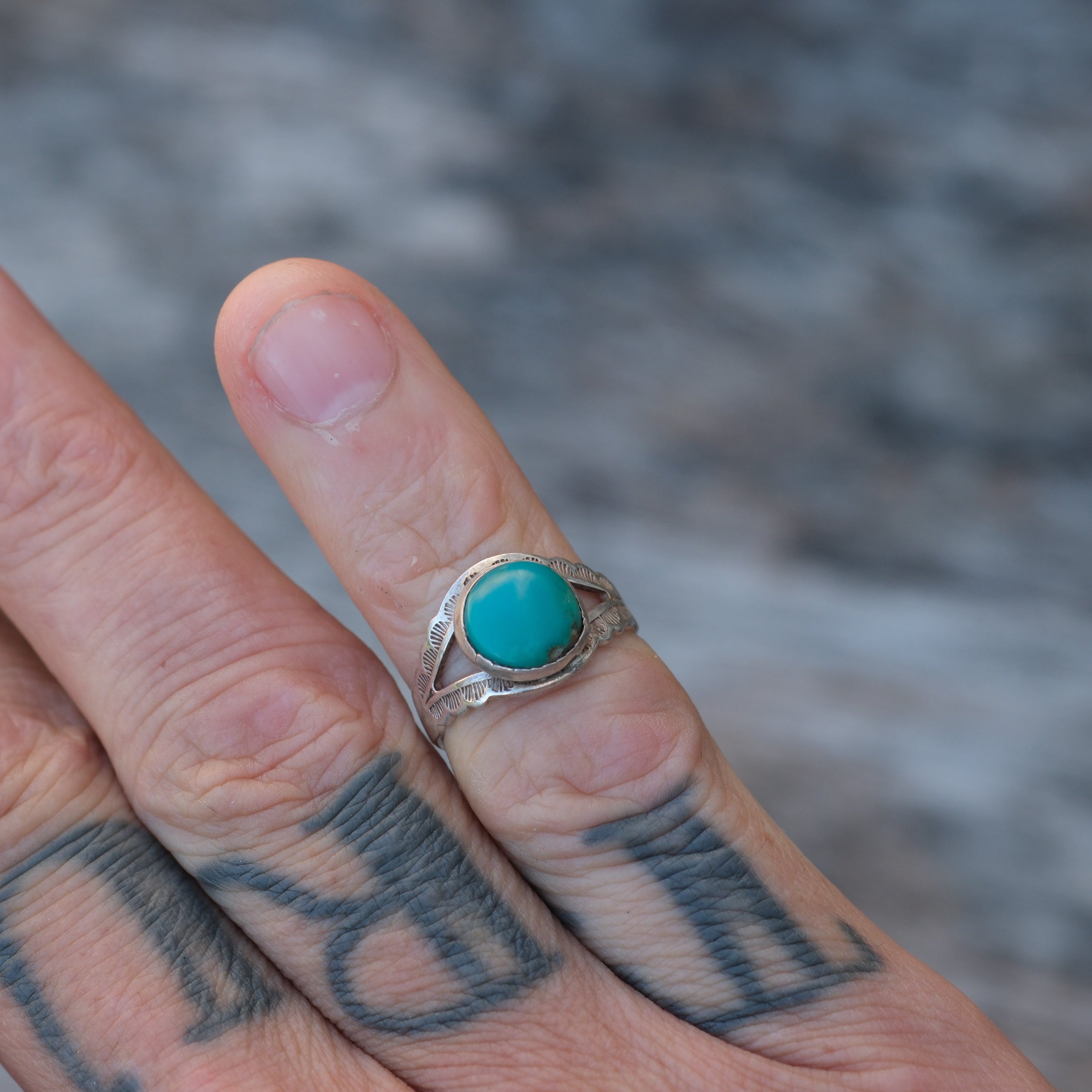 Vintage Sterling Turquoise Stamped Band Ring 4.5