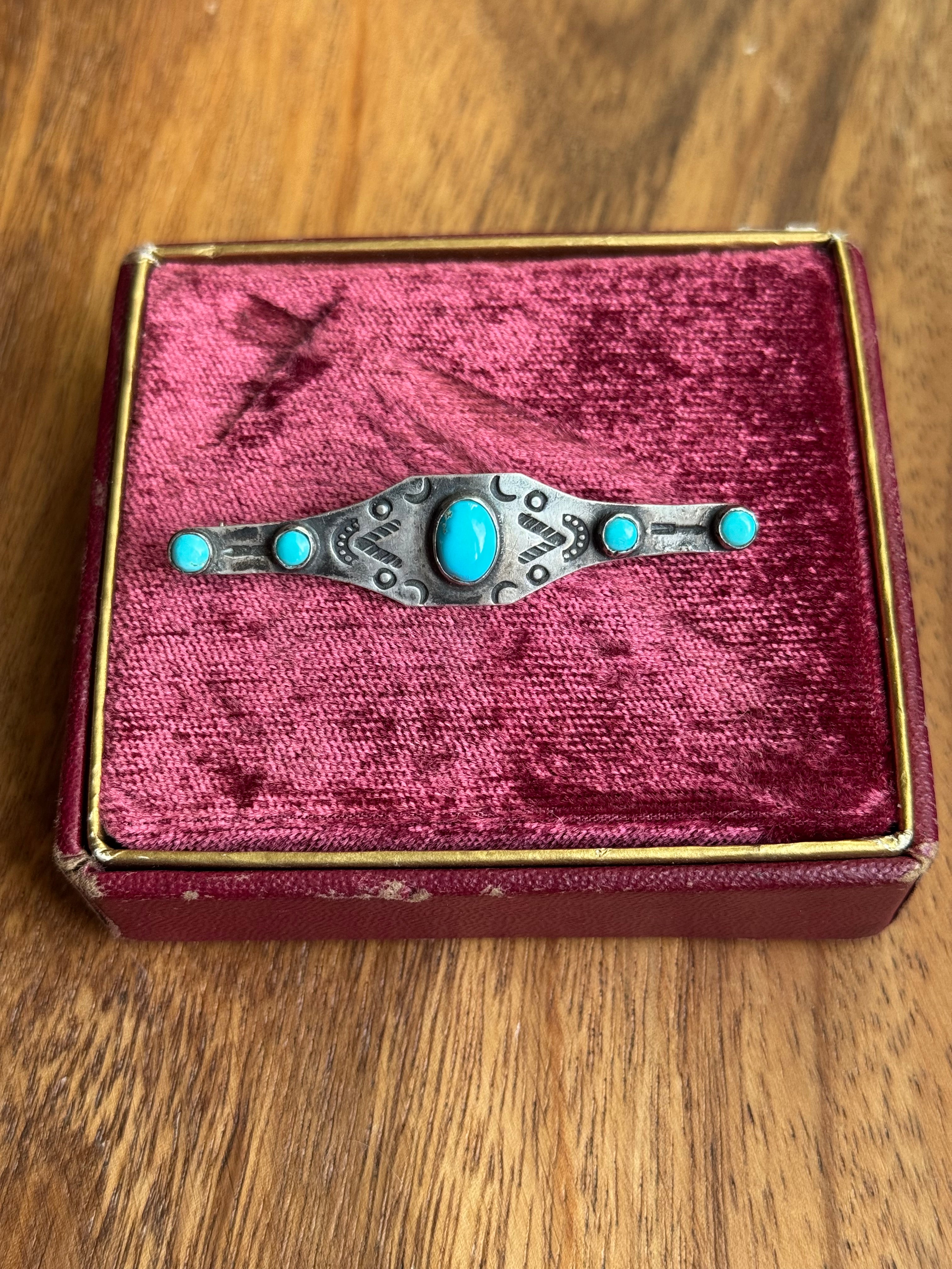Vintage Sterling Silver Turquoise Stamped Pin
