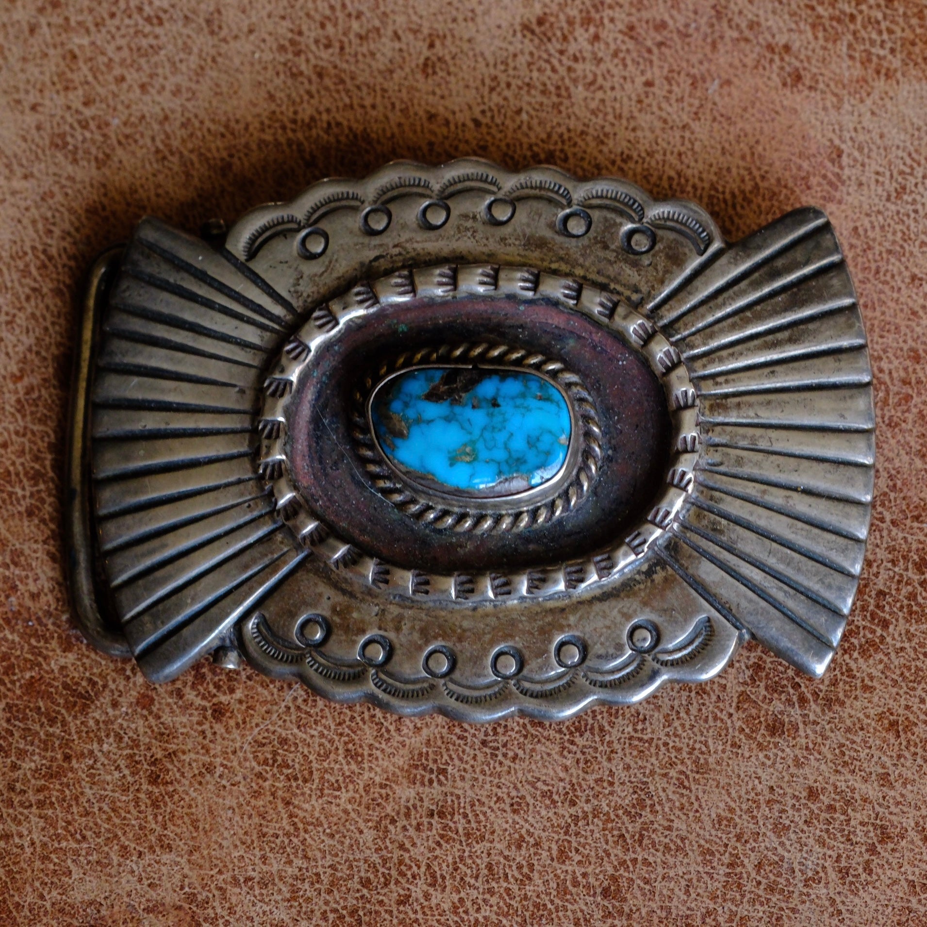 Vintage Sterling Heavy Turquoise Belt Buckle