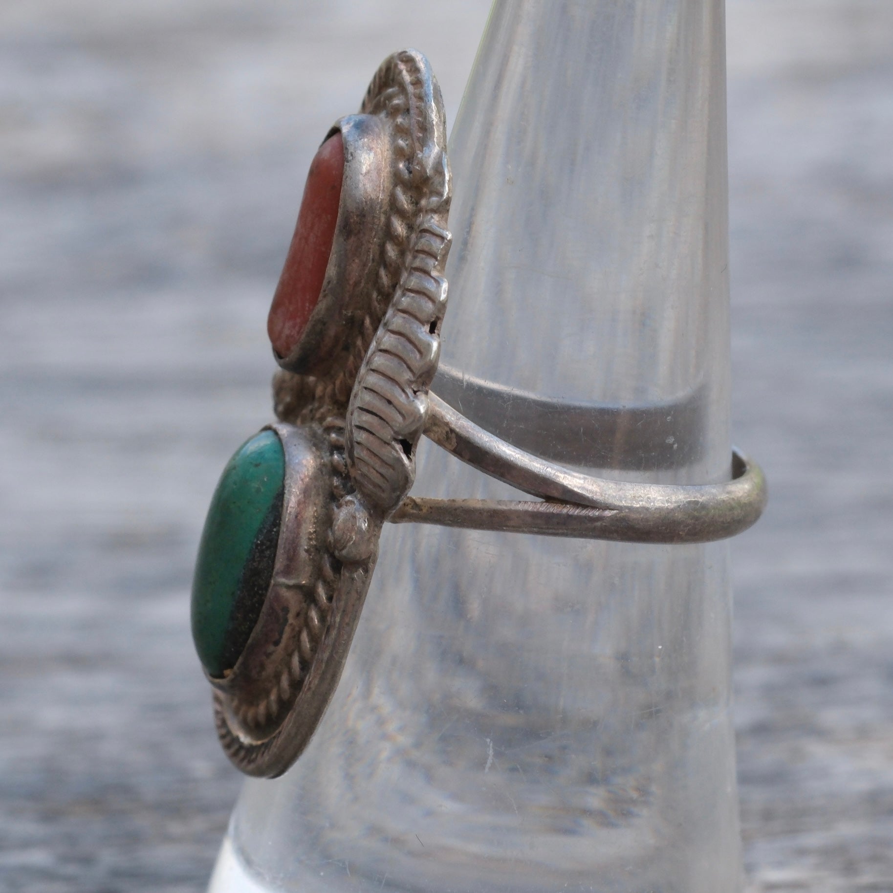 Vintage Sterling Turquoise and Coral Feather Ring 6.5