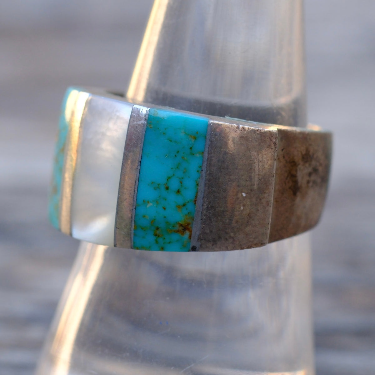 Vintage Sterling Turquoise and Mother Of Pearl Inlay Wide Band 8.5