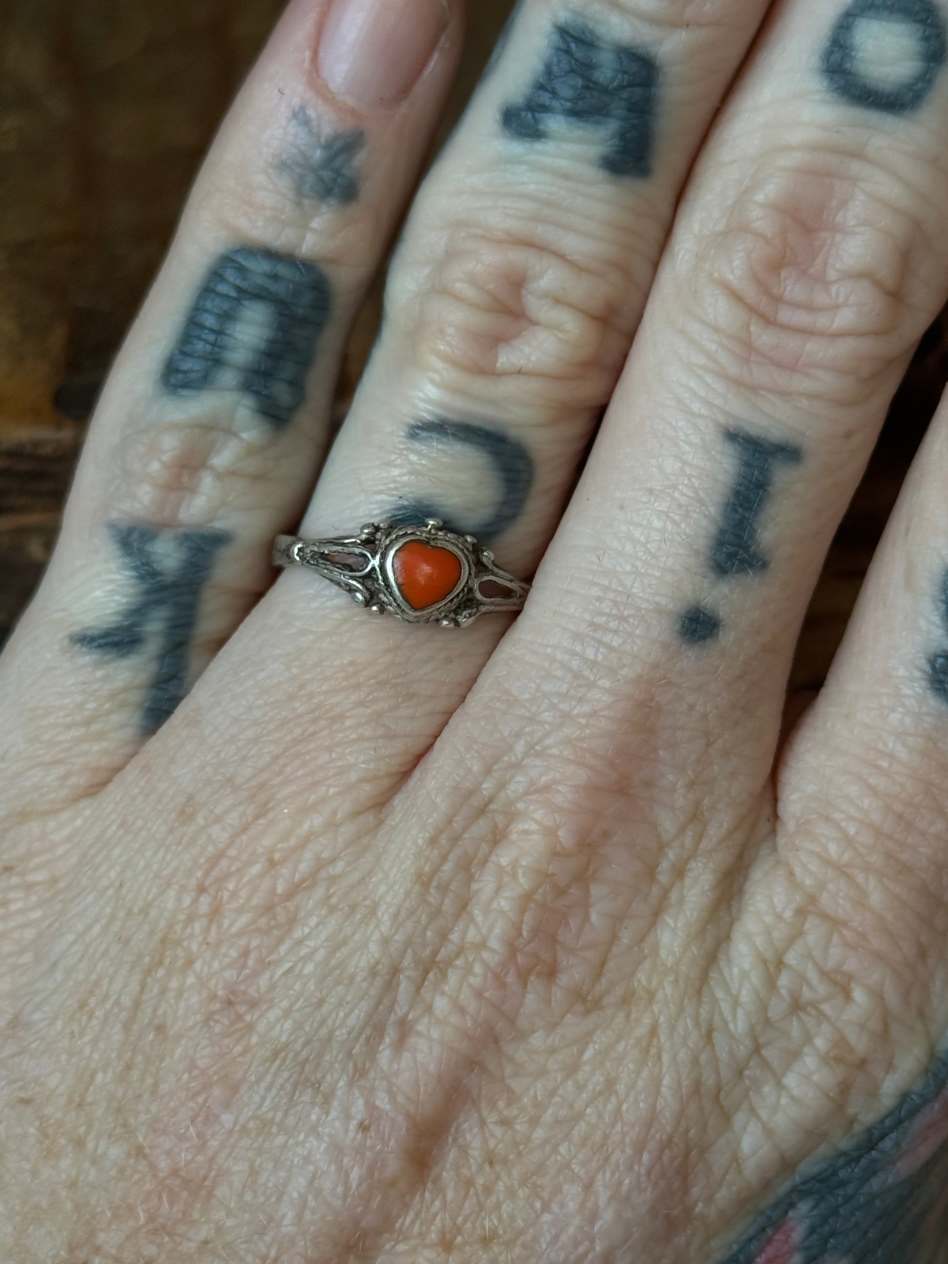 Vintage Sterling Silver Coral Heart Ring 4.75