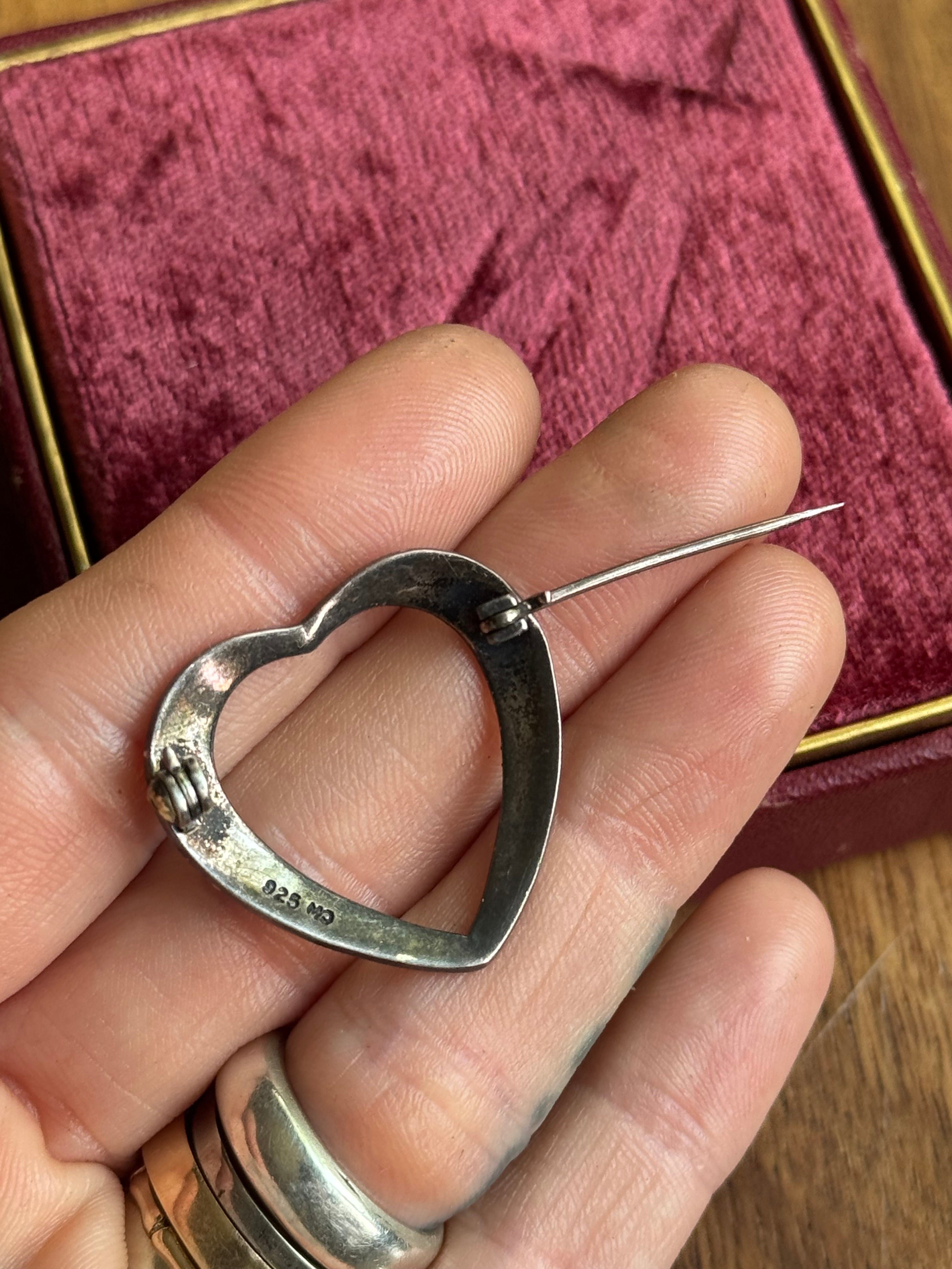 Vintage Sterling Silver Marcasite Heart Pin