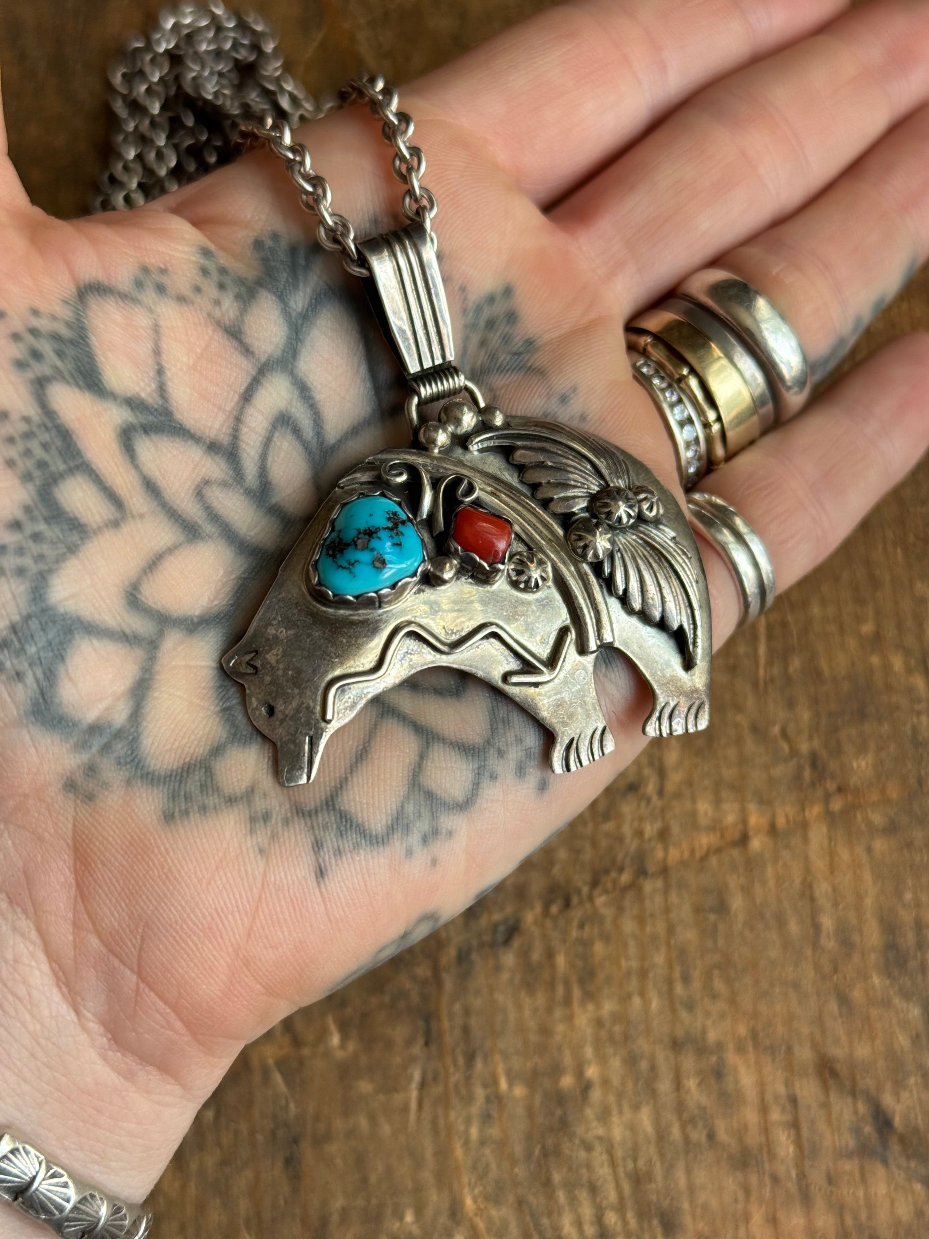 Vintage Sterling Silver Turquoise and Coral Bear Necklace
