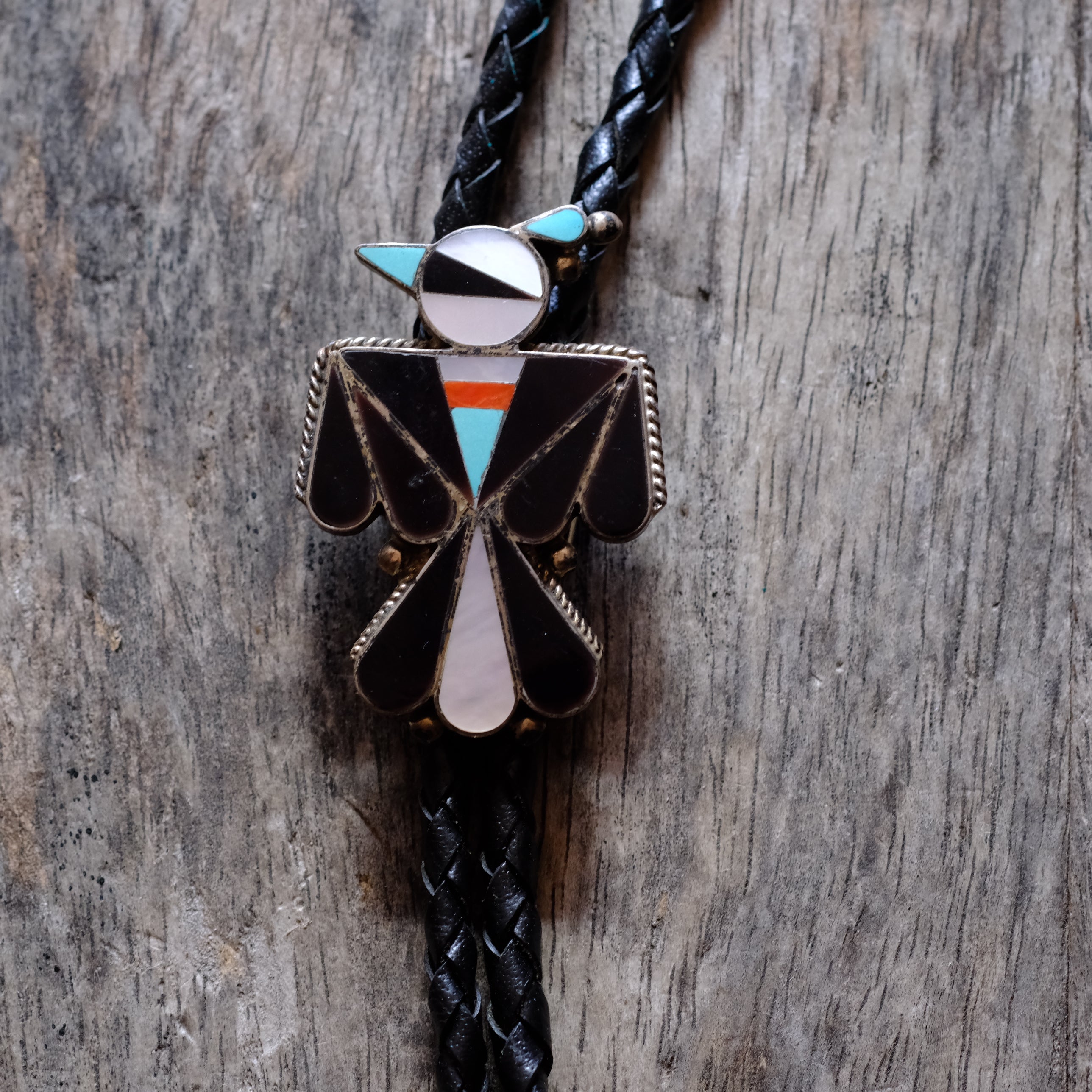 Vintage Sterling Multi Stone Inlay Thunderbird Bolo Tie