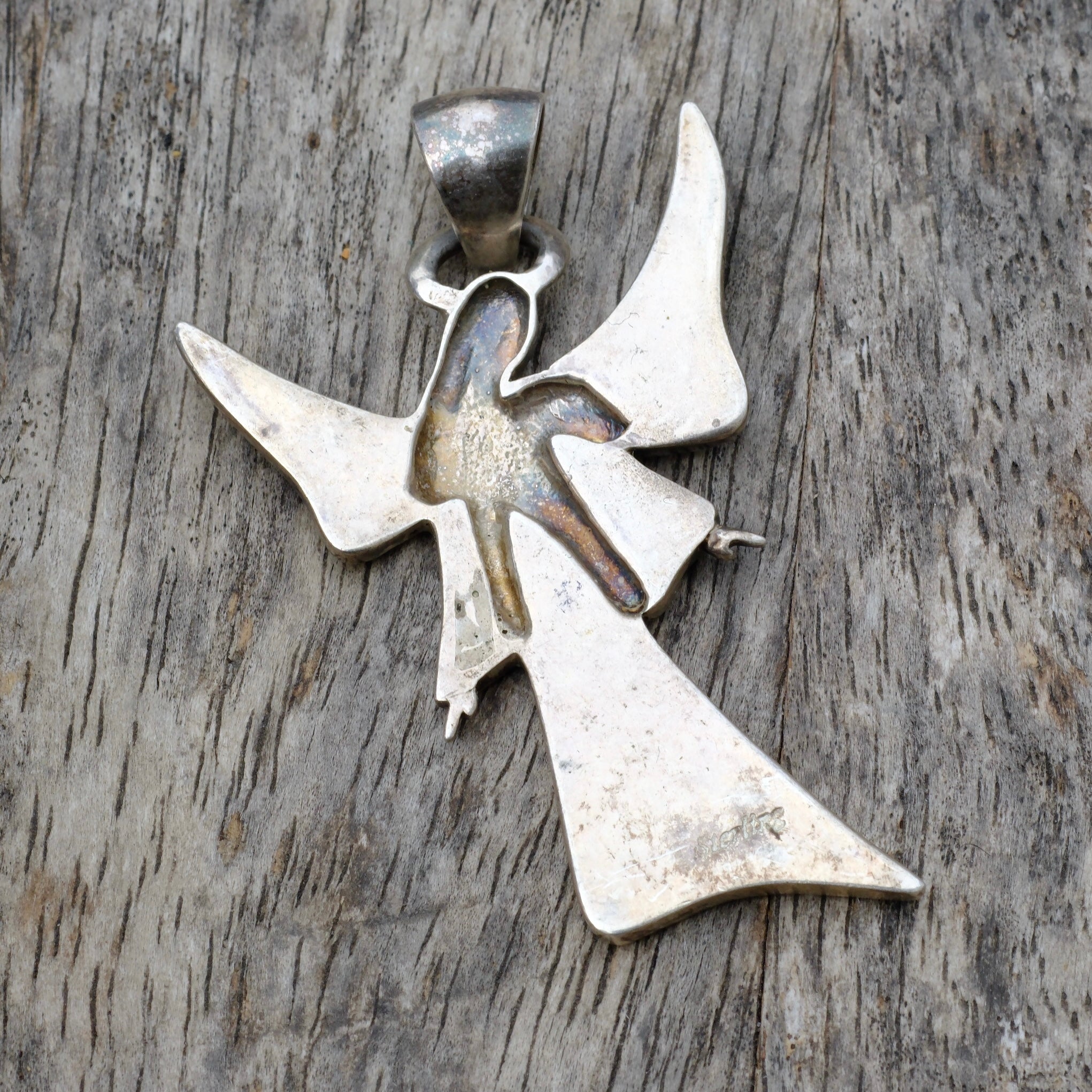 Vintage Sterling Multistone Inlay Angel Pendant
