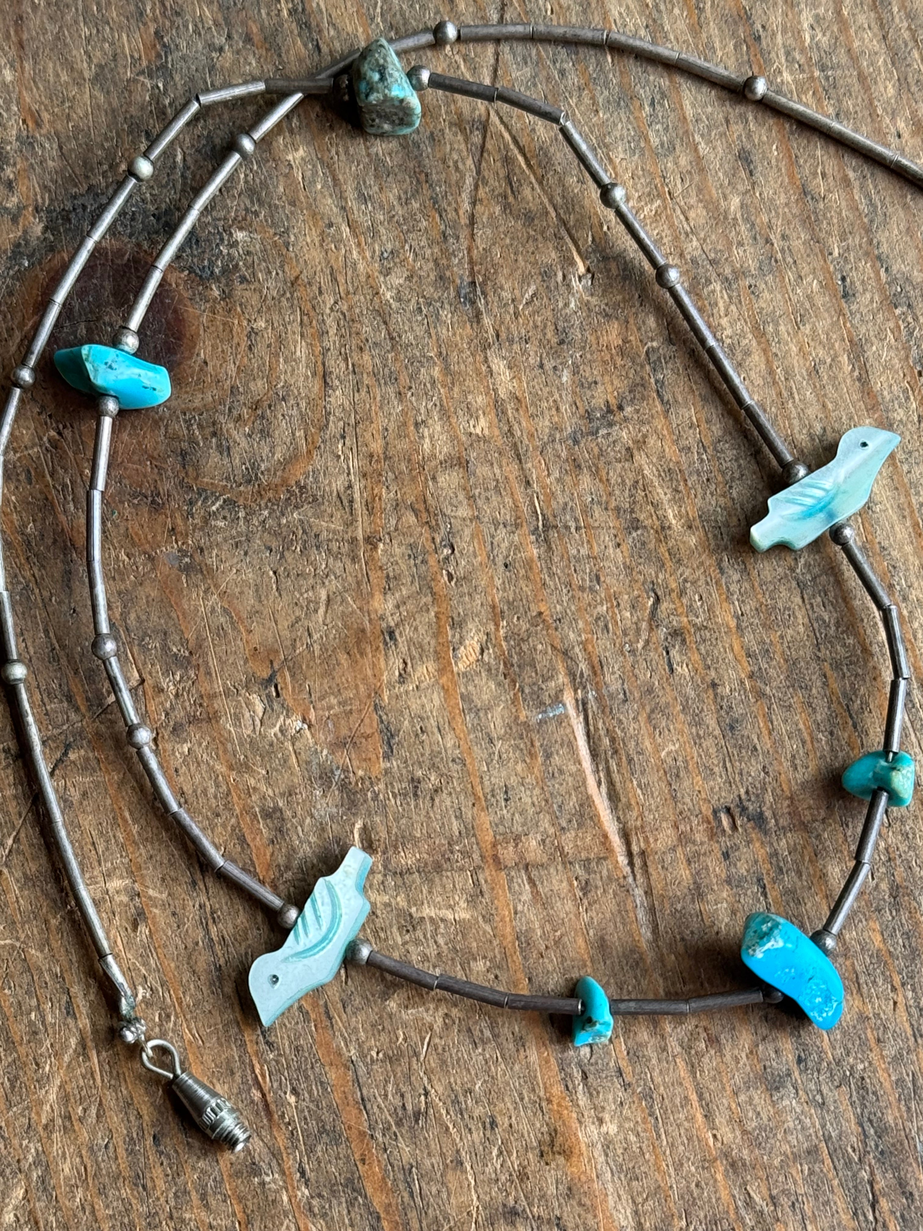 Vintage Sterling Silver Turquoise & Mother Of Pearl Fetish Necklace
