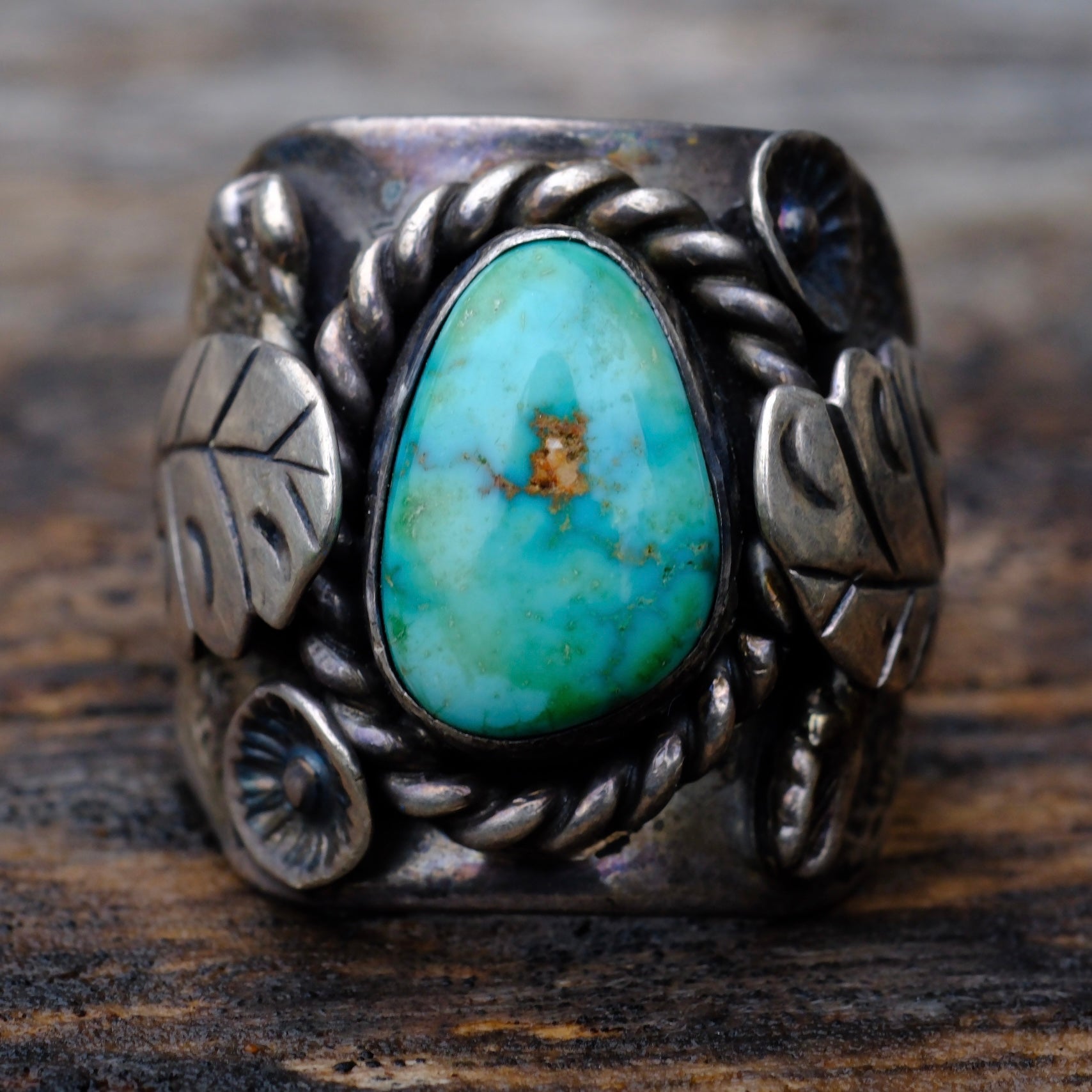 Vintage Sterling Turquoise Feather Ring 11.75