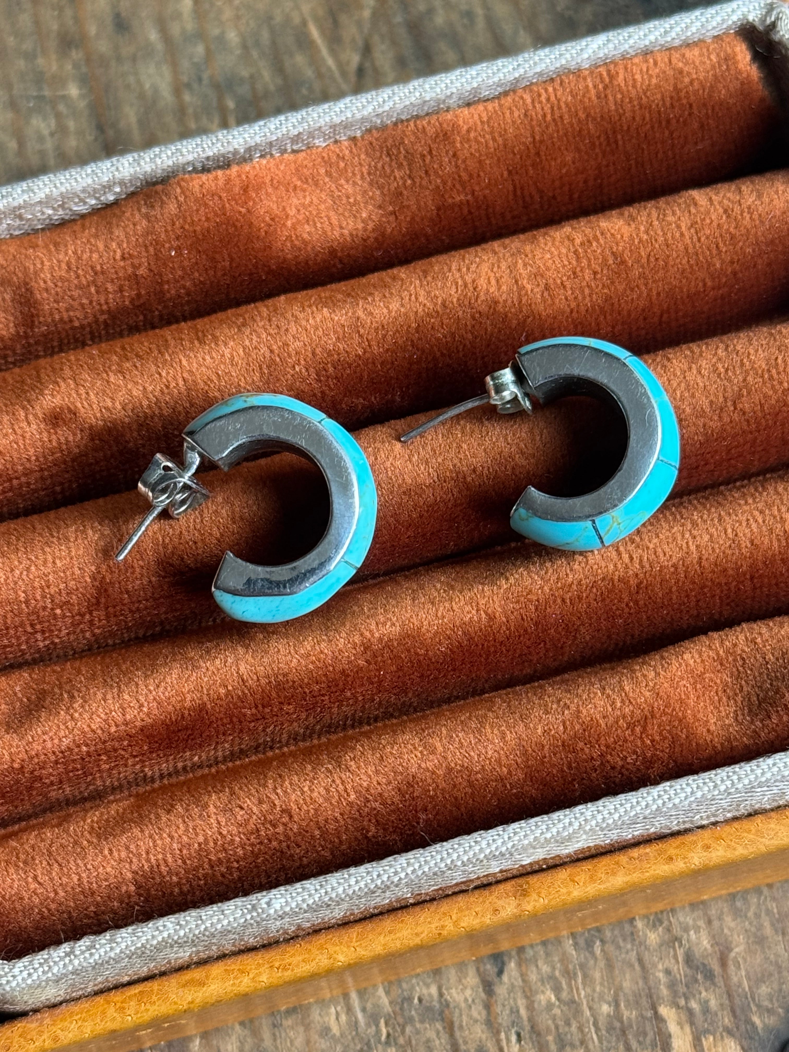 Vintage Sterling Silver Turquoise Inlay Hoops