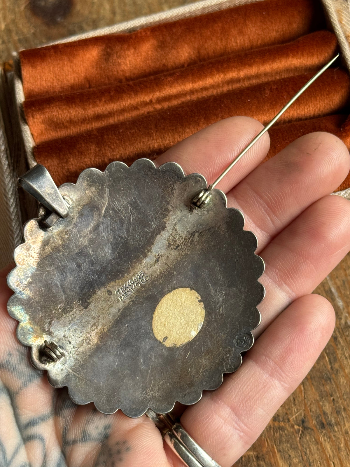 Vintage Sterling Silver Aztec Calendar Pendant Pin