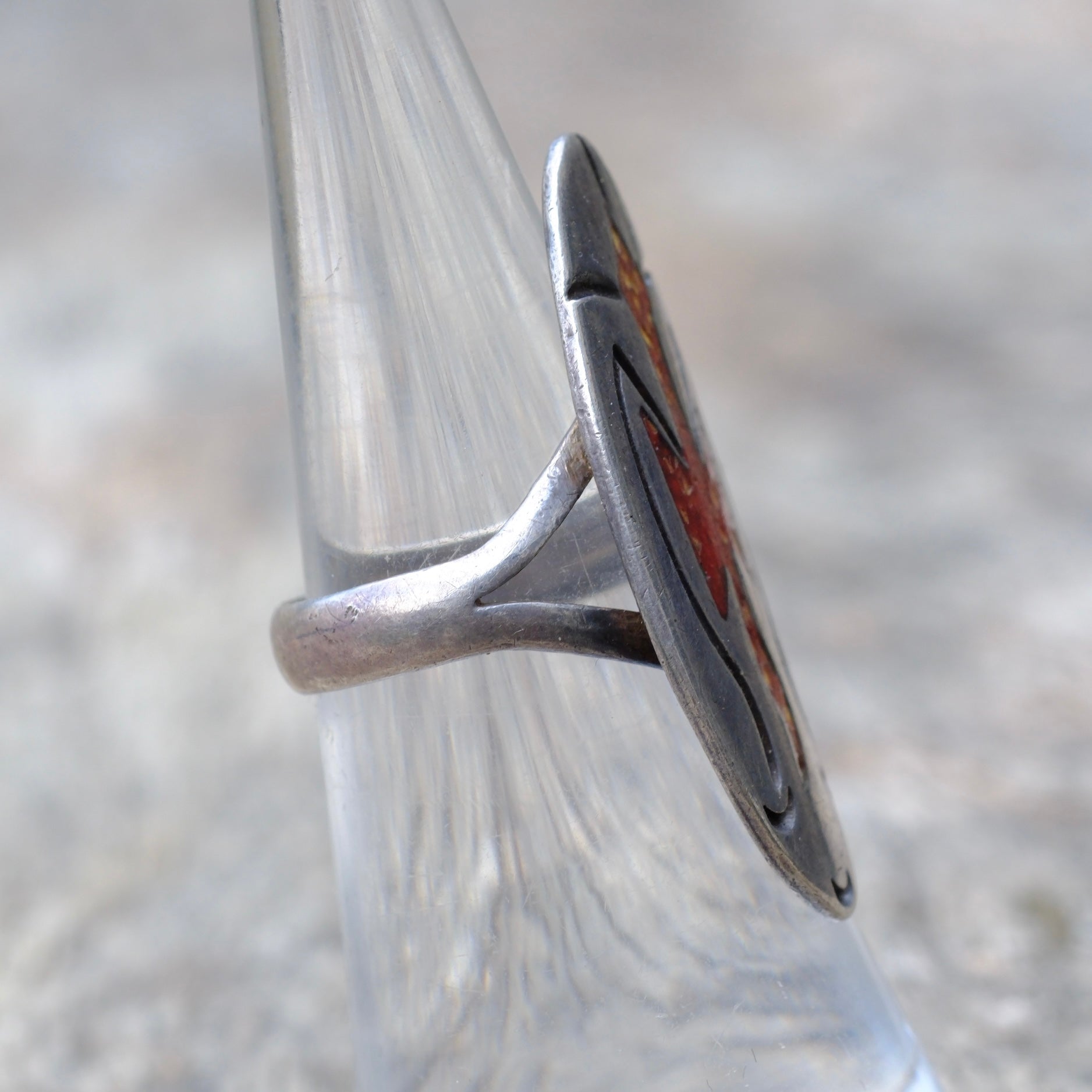 Vintage Sterling Silver Coral Inlay Peyote Bird Ring 5.75