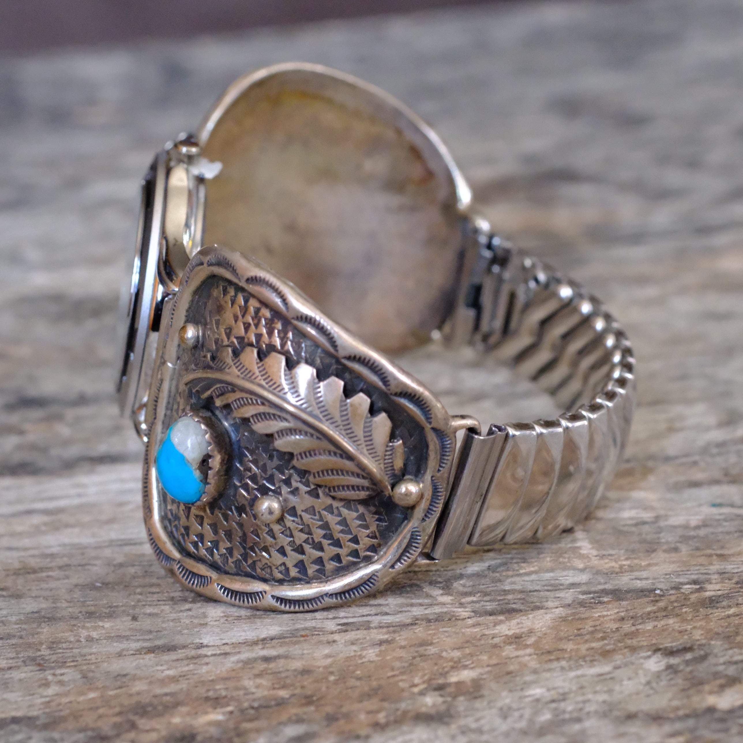 Vintage Sterling Turquoise Feather Watch With Turquoise Dial