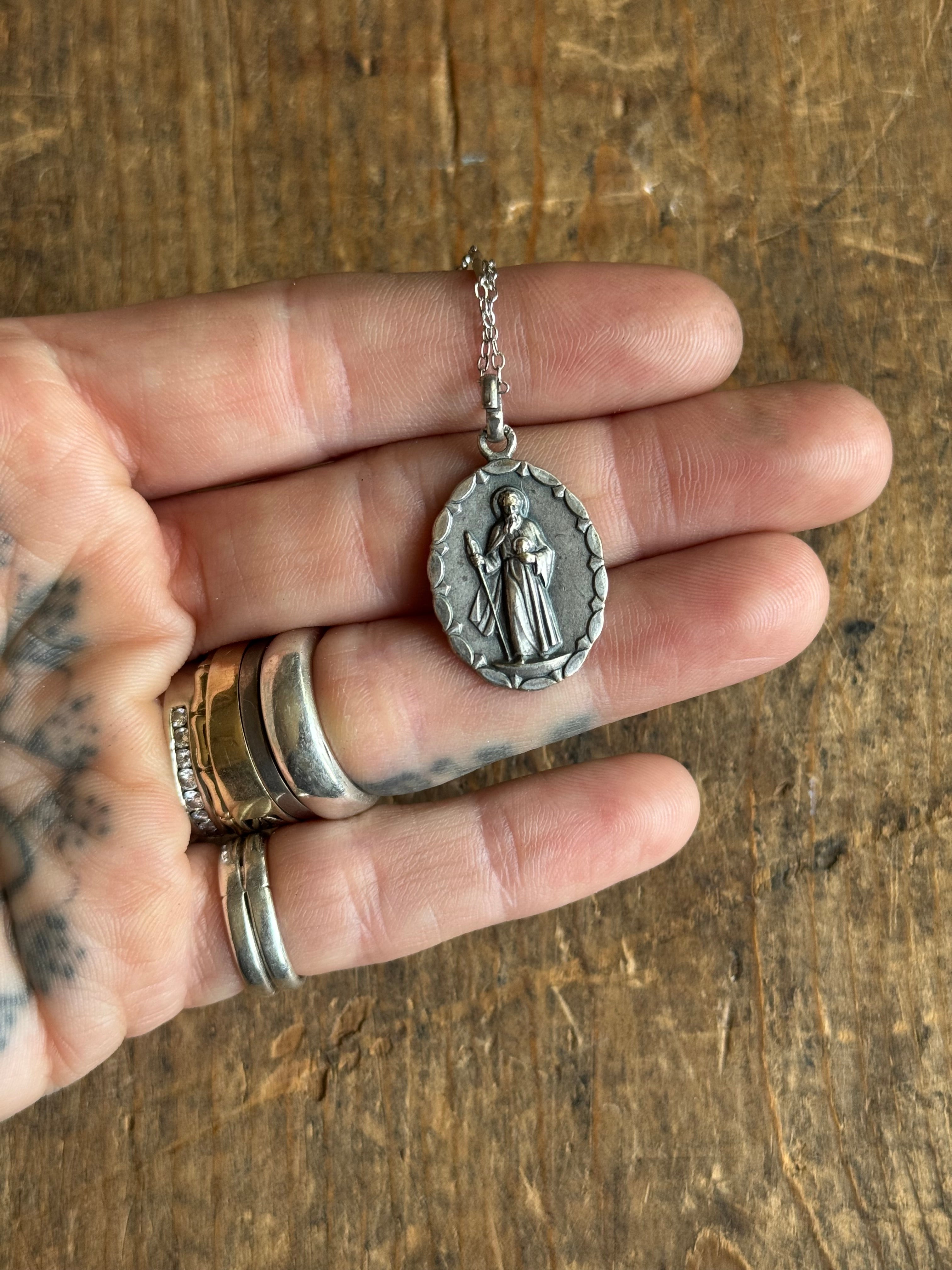 Vintage Sterling Silver Double Sided St. Jude & Jesus Medallion Necklace