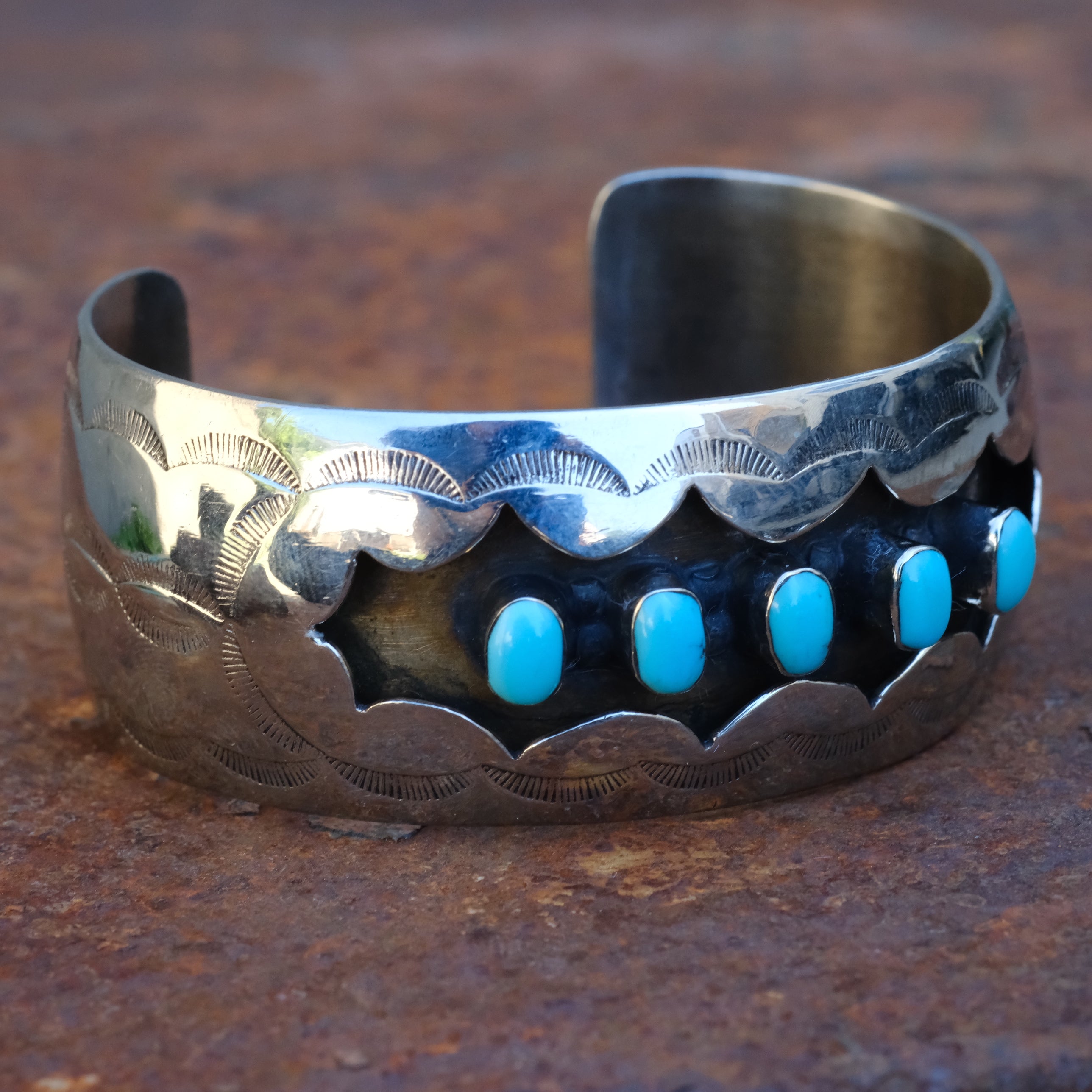 Vintage Sterling 5-Stone Turquoise Shadowbox Cuff Bracelet