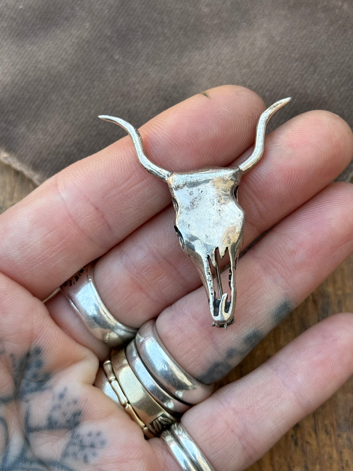 Vintage Sterling Silver Steer Skull Pin Pendant