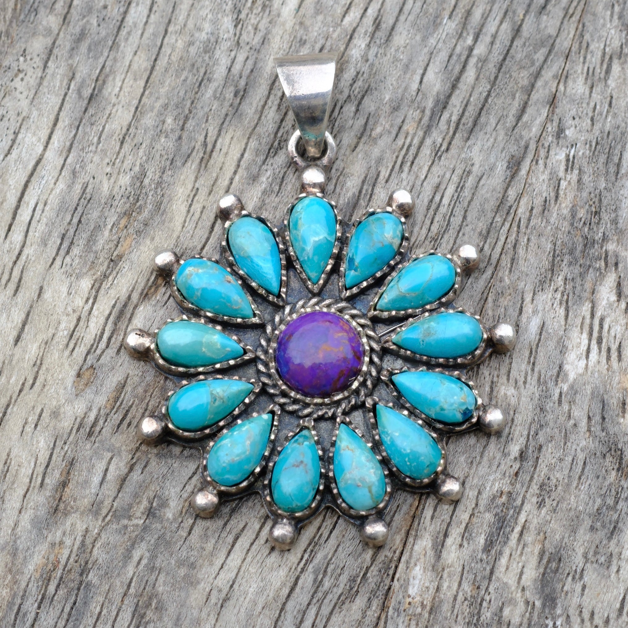 Vintage Sterling Sugilite and Turquoise Cluster Pendant