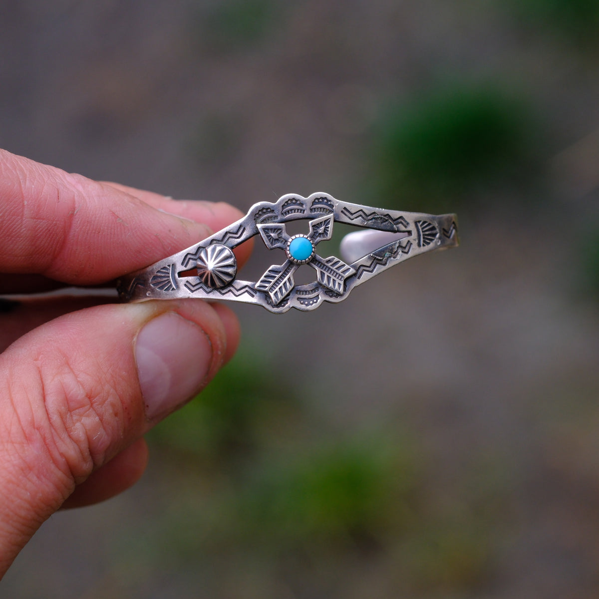 Vintage Sterling Crossed Arrows Turquoise Cuff Bracelet