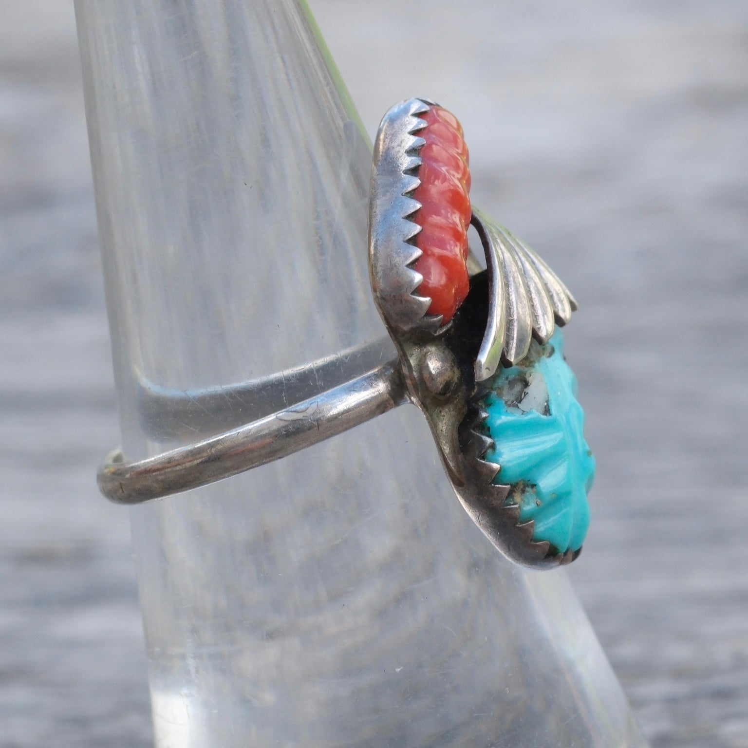 Vintage Sterling Carved Turquoise and Coral Feather Ring 6.5