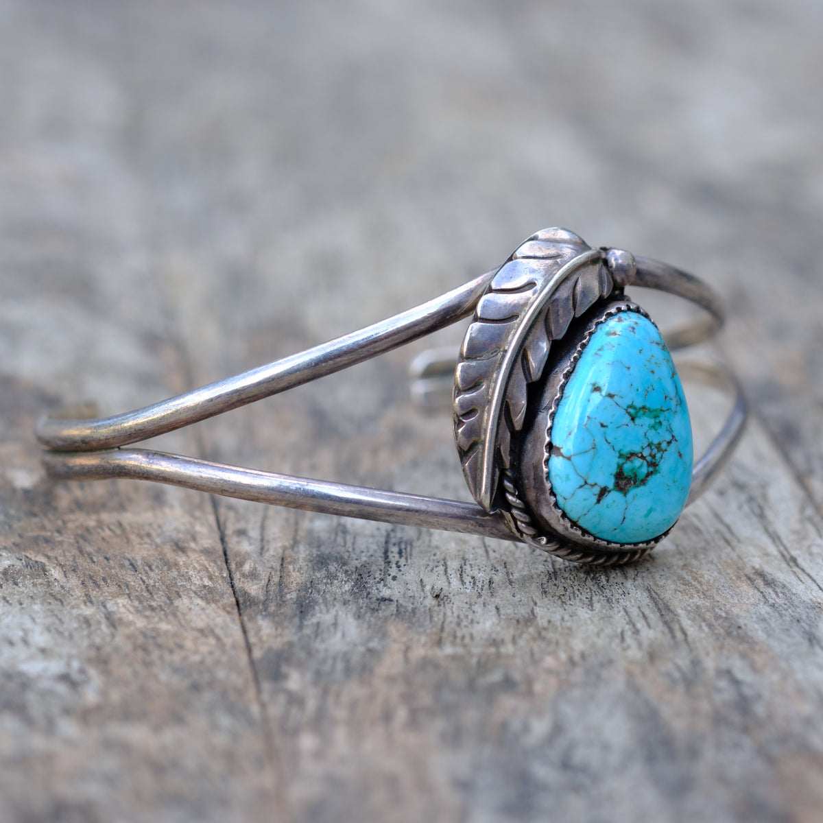 Vintage Sterling Turquoise Feather Cuff Bracelet