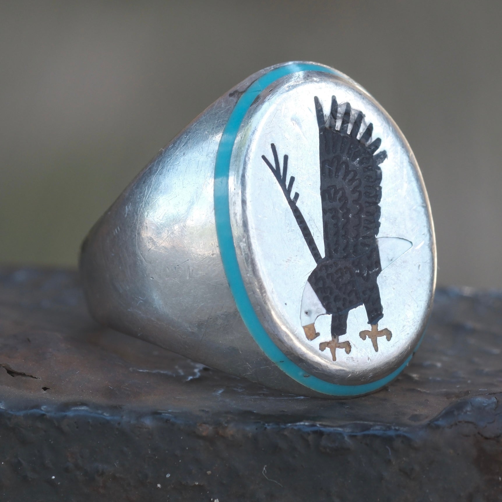 Vintage Sterling Zuni Inlay Eagle Ring 13.5