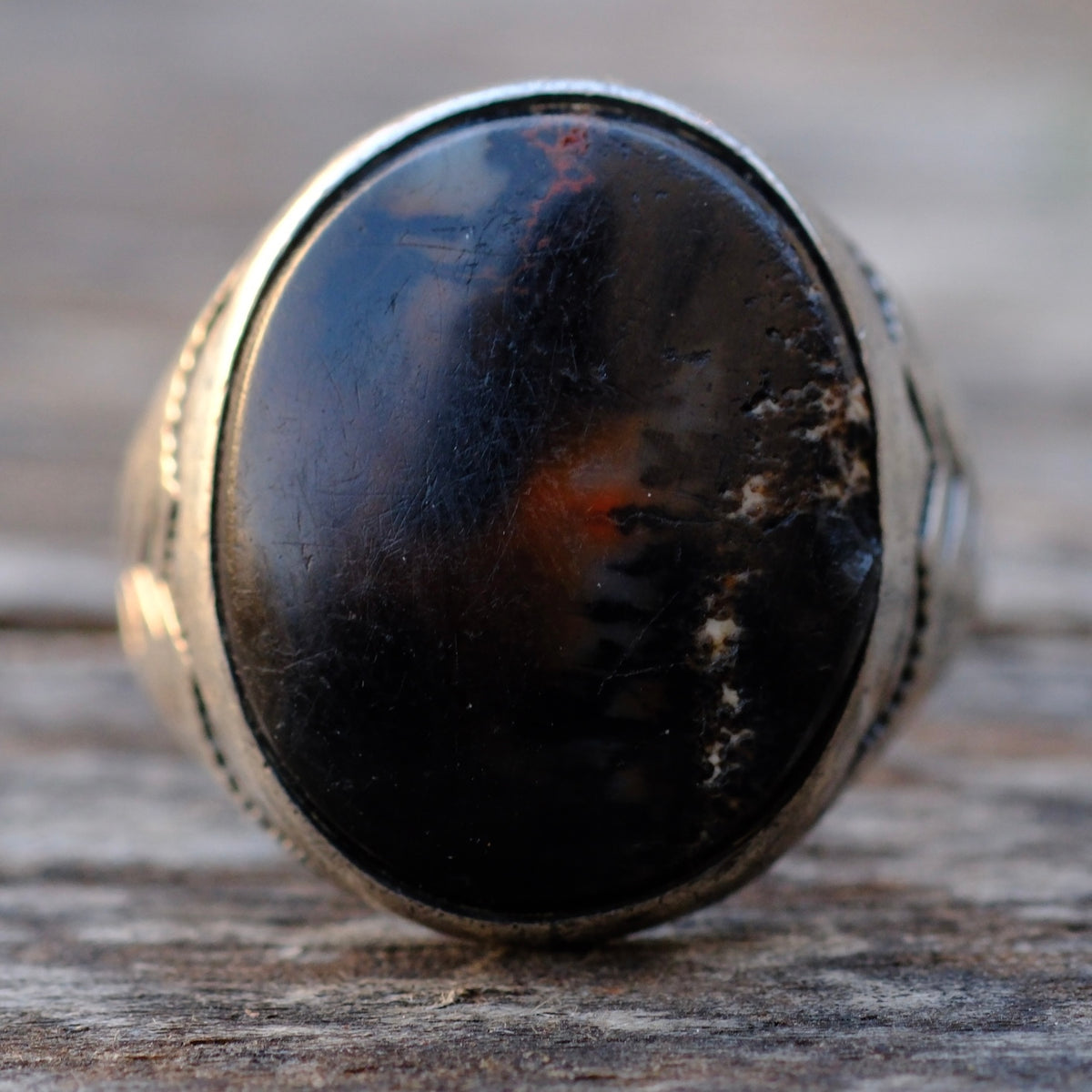 Vintage Sterling Petrified Wood Stamped Band Ring 10.5