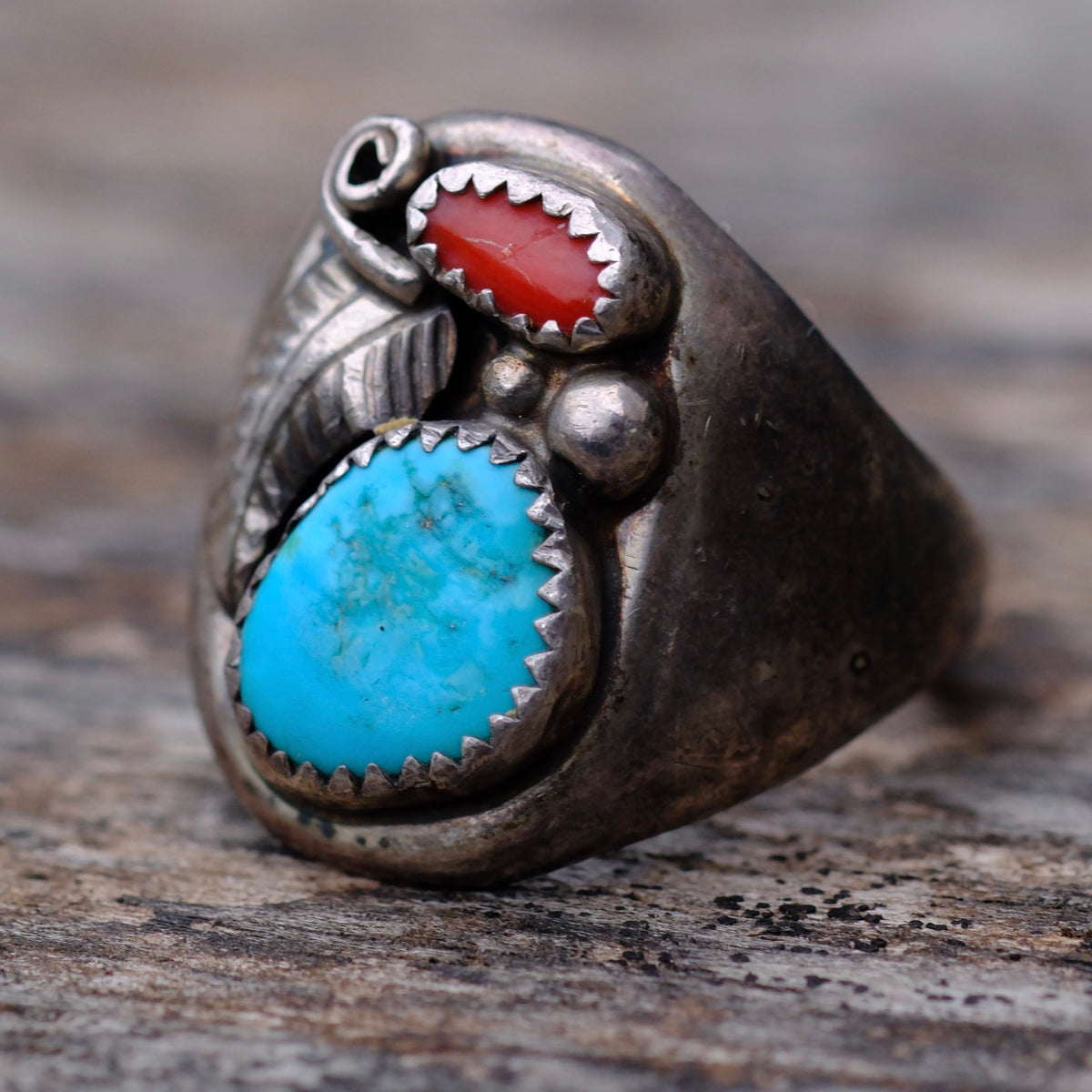 Vintage Sterling Turquoise and Coral Feather Ring 10.5