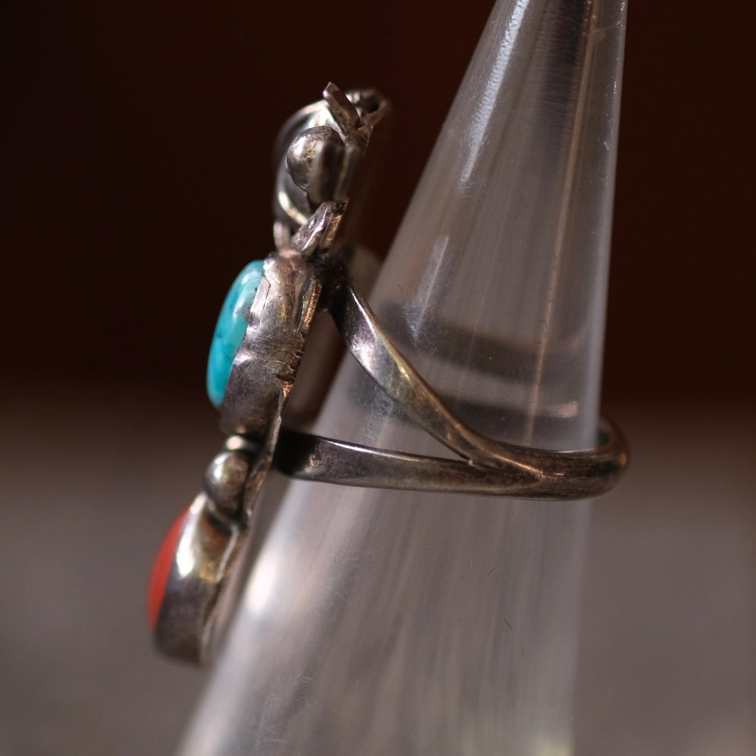 Vintage Sterling Turquoise and Coral Feather Ring 5