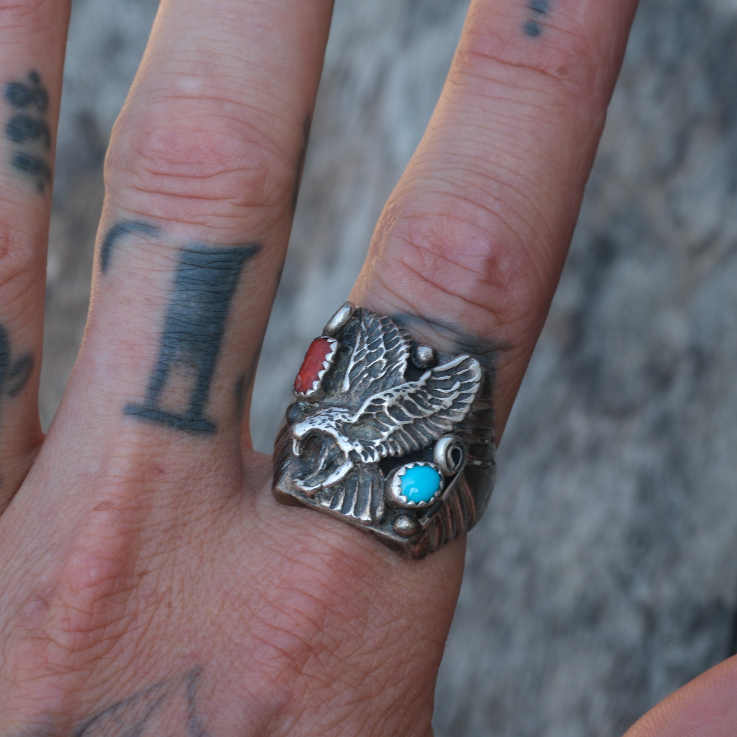 Vintage Sterling Turquoise and Coral Eagle Ring 12
