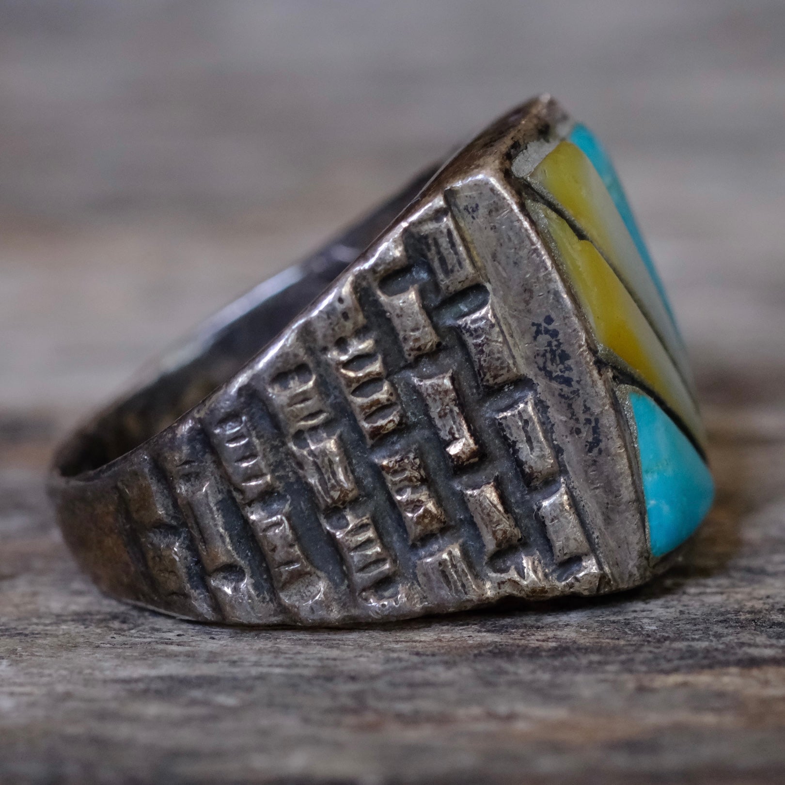 Vintage Sterling Turquoise and MOP Inlay Sunrise Ring 9