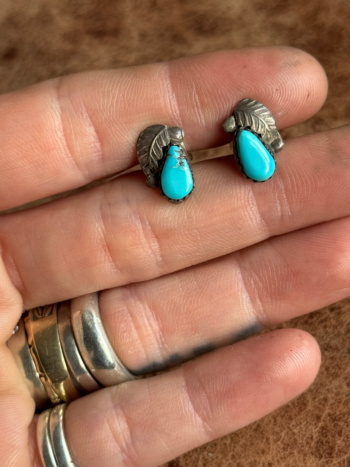 Vintage Sterling Silver Turquoise Leaf Cufflinks