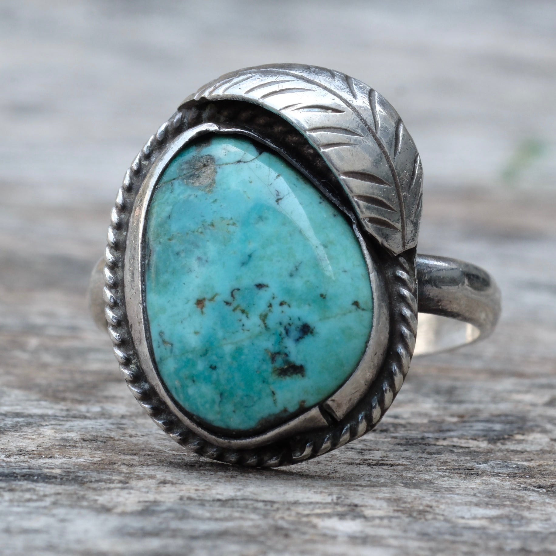 Vintage Sterling Turquoise Feather Ring 9.5