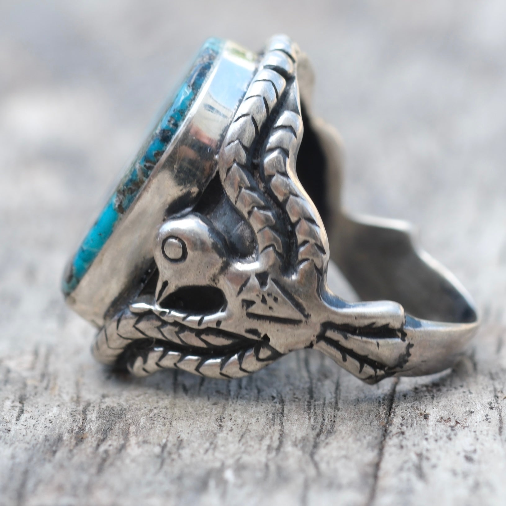 Vintage Sterling Turquoise Thunderbird Ring 7.5