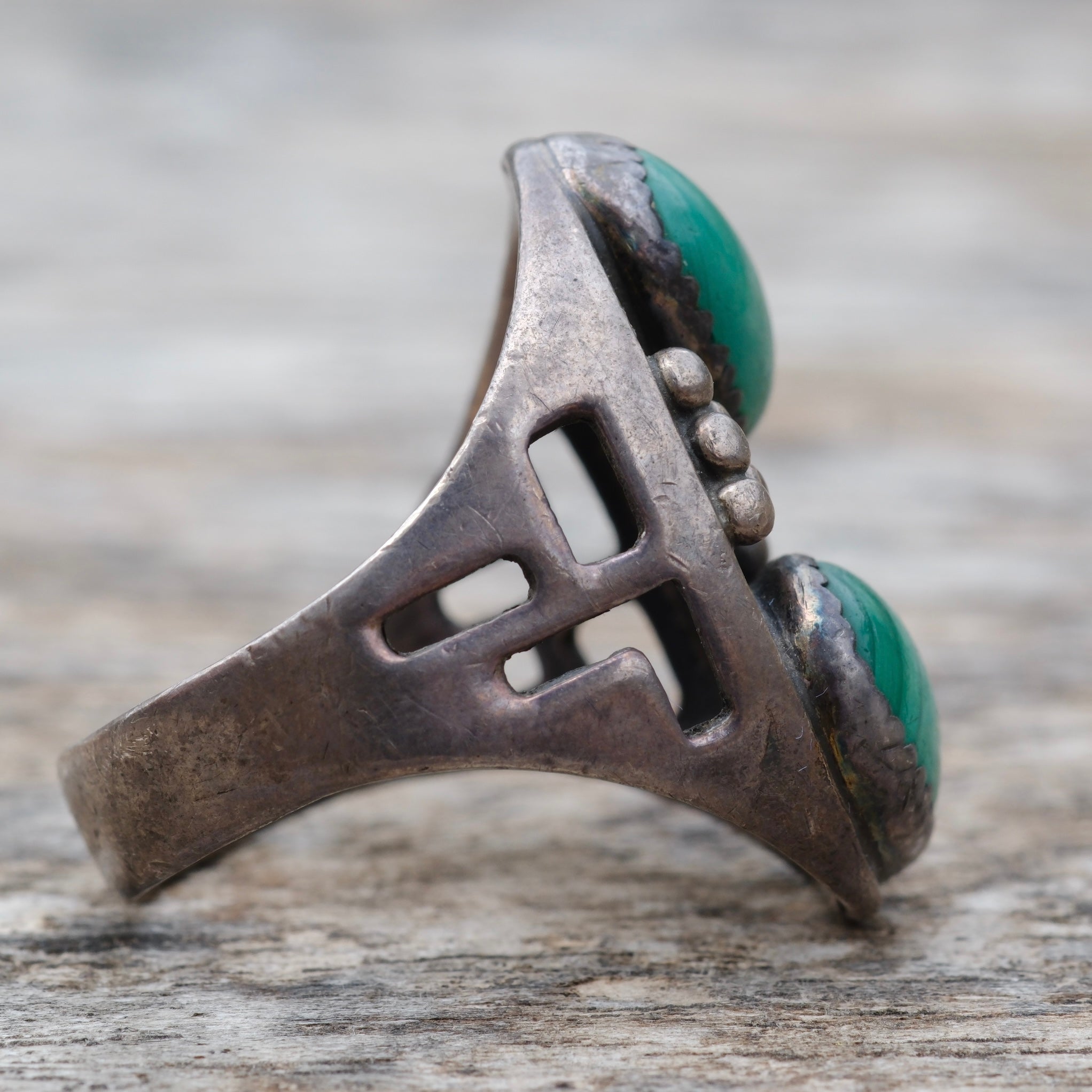 Vintage Sterling 2-Stone Malachite Ring 11.75