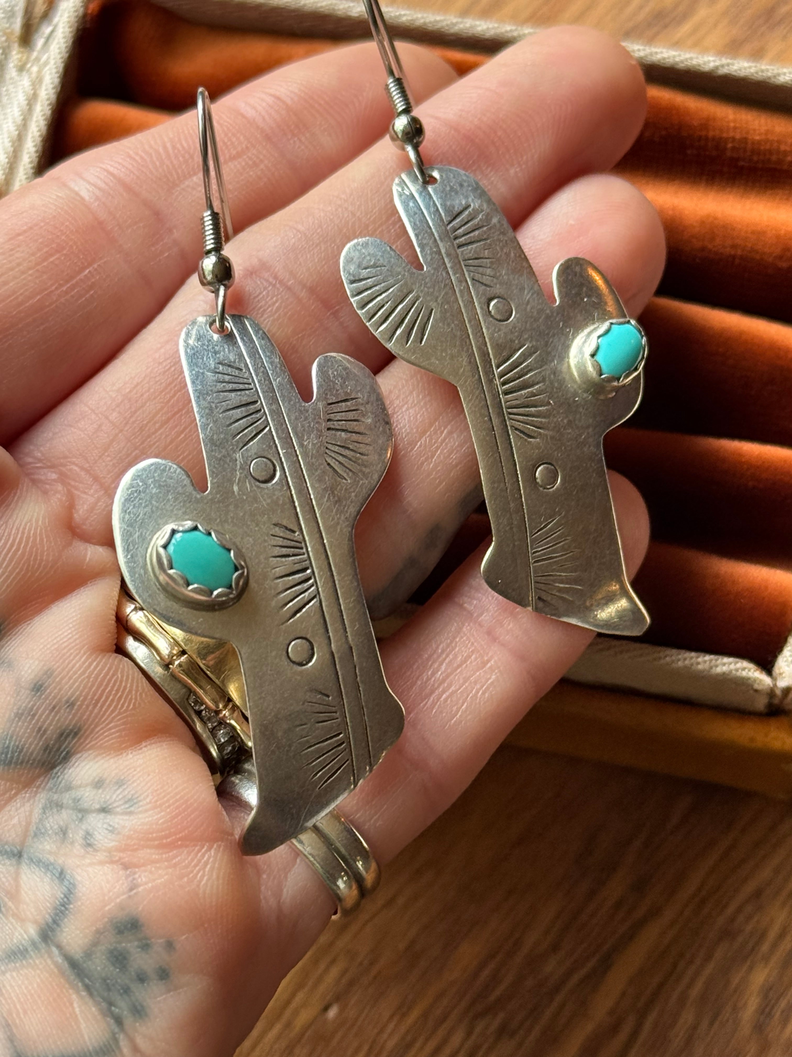 Vintage Sterling Silver Turquoise Cactus Earrings